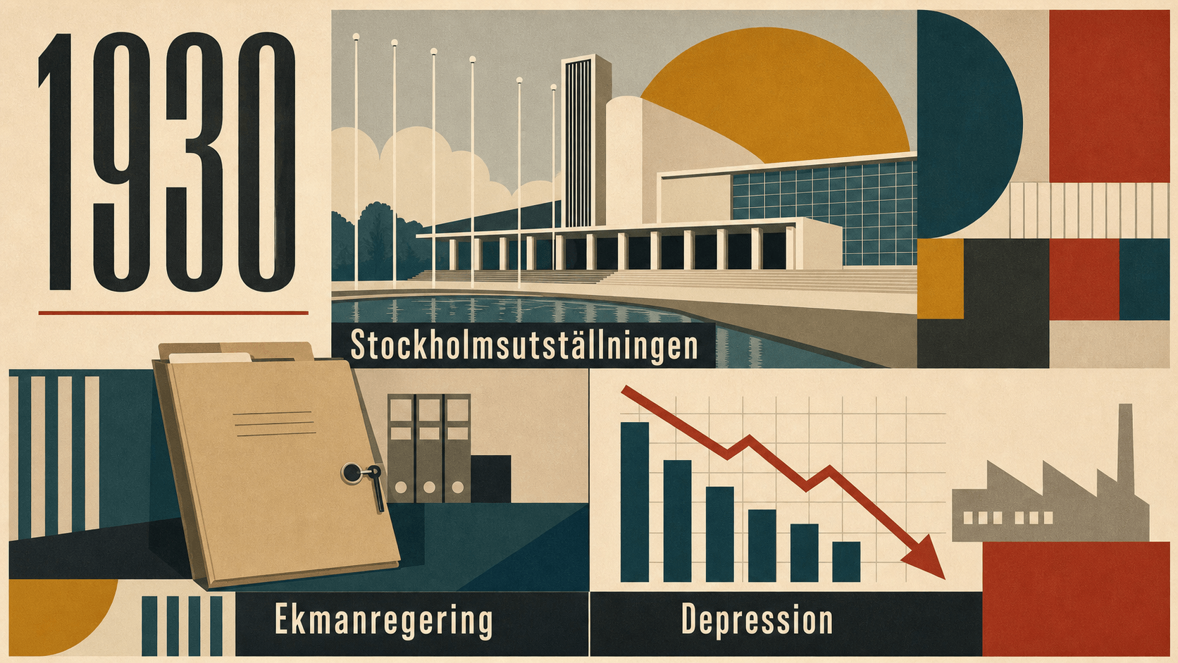 Infografik för Sverige 1930 som sammanfattar Stockholmsutställningen, Ekmanregering, Depression.