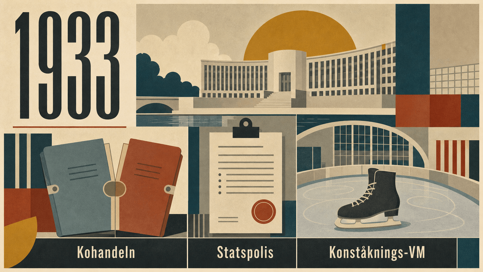 Infografik för Sverige 1933 som sammanfattar Kohandeln, Statspolis, Konståknings-VM.