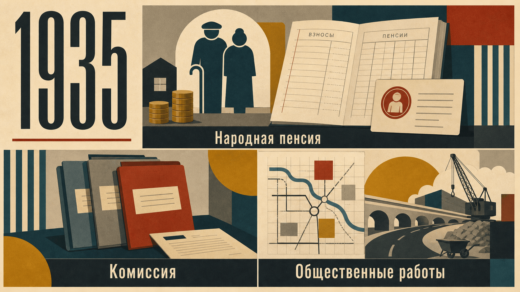 Инфографика о Швеции 1935 года: Народная пенсия, Комиссия, Общественные работы.