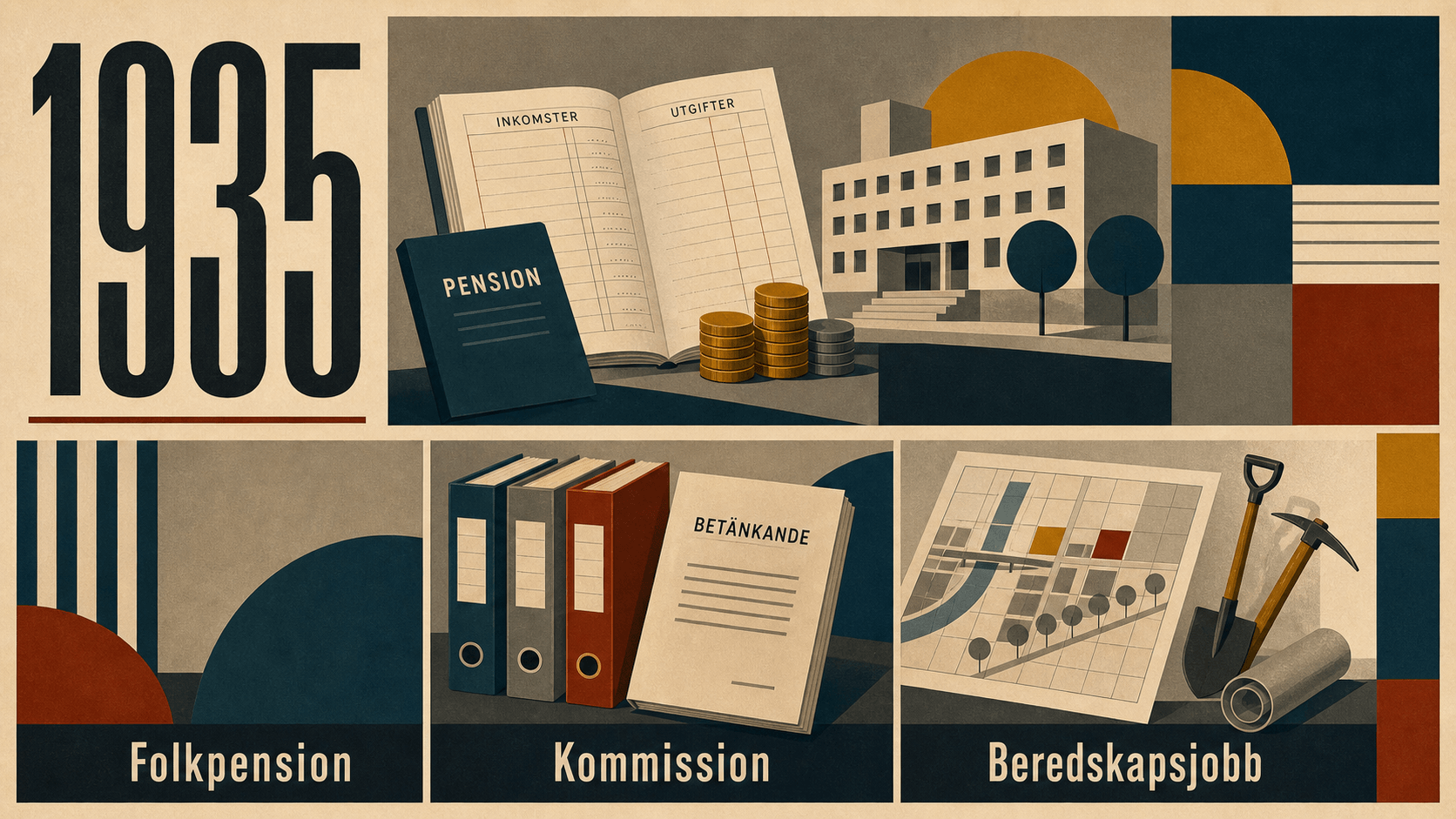 Infografik för Sverige 1935 som sammanfattar Folkpension, Kommission, Beredskapsjobb.