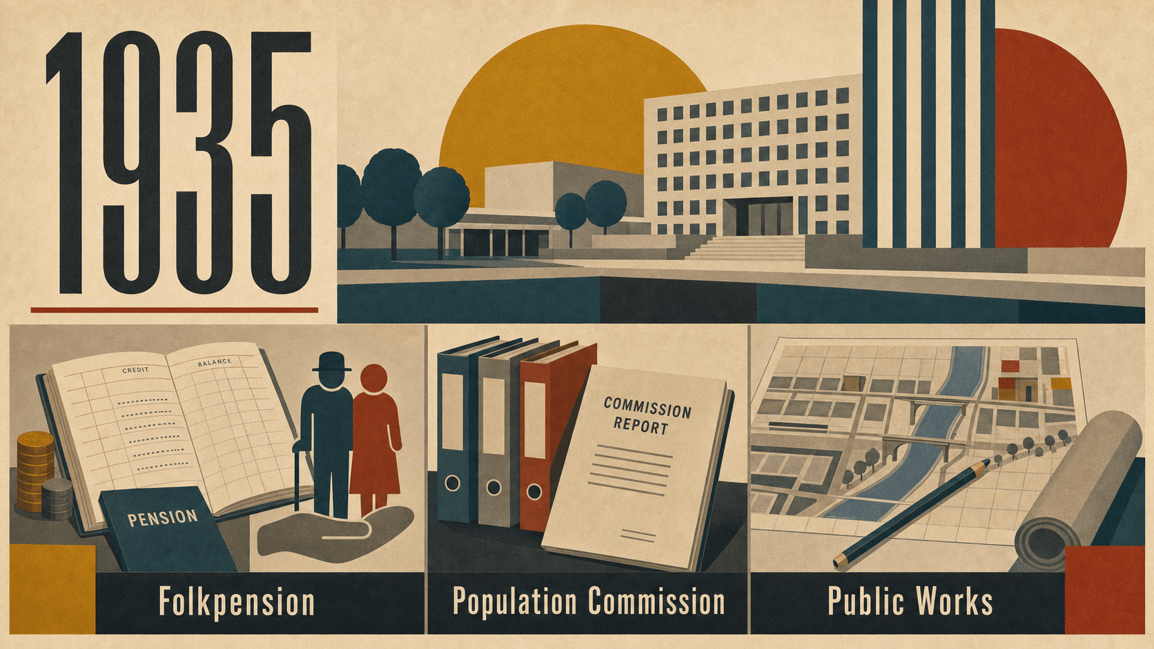 Infographic for Sweden in 1935 summarizing Folkpension, Population Commission, Public Works.
