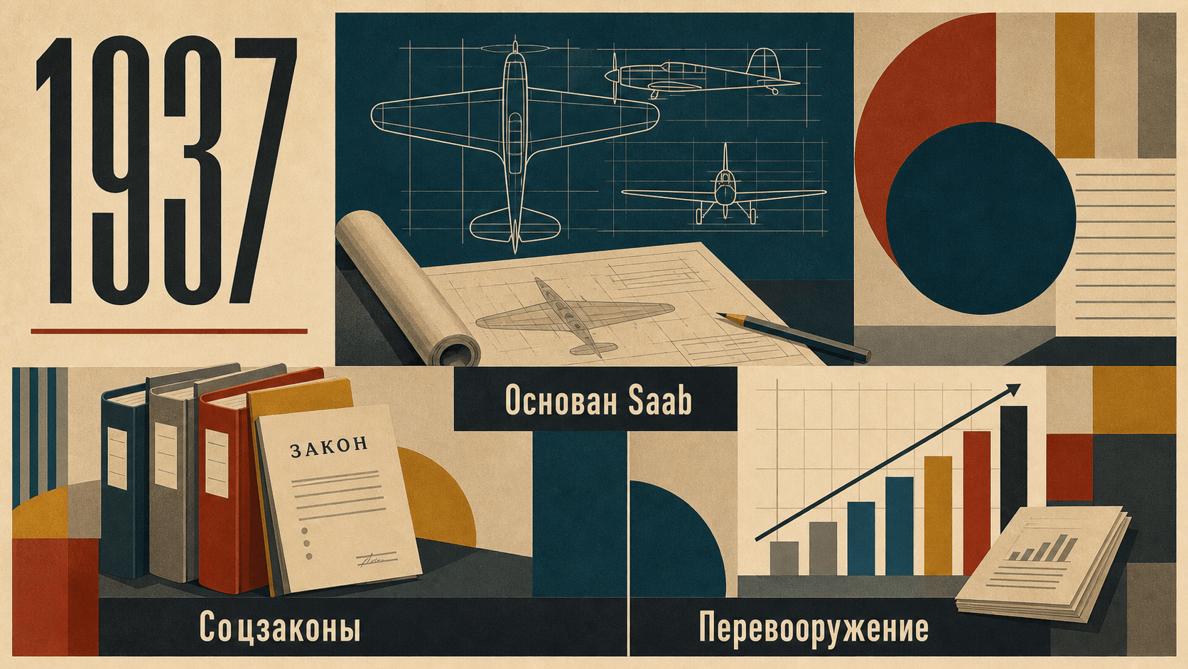 Инфографика о Швеции 1937 года: Соцзаконы, Основан Saab, Перевооружение.