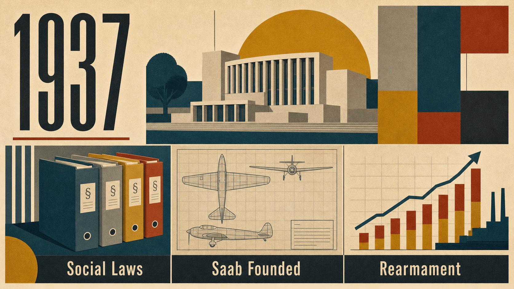 Infographic for Sweden in 1937 summarizing Social Laws, Saab Founded, Rearmament.