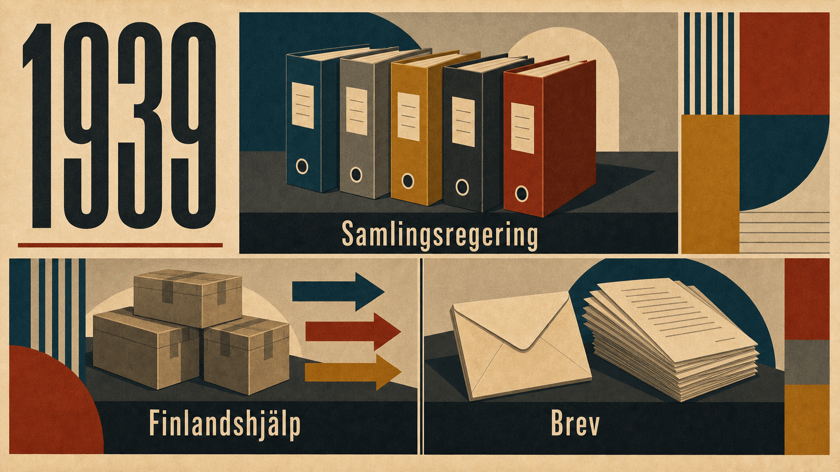 Infografik för Sverige 1939 som sammanfattar Samlingsregering, Finlandshjälp, Brev.