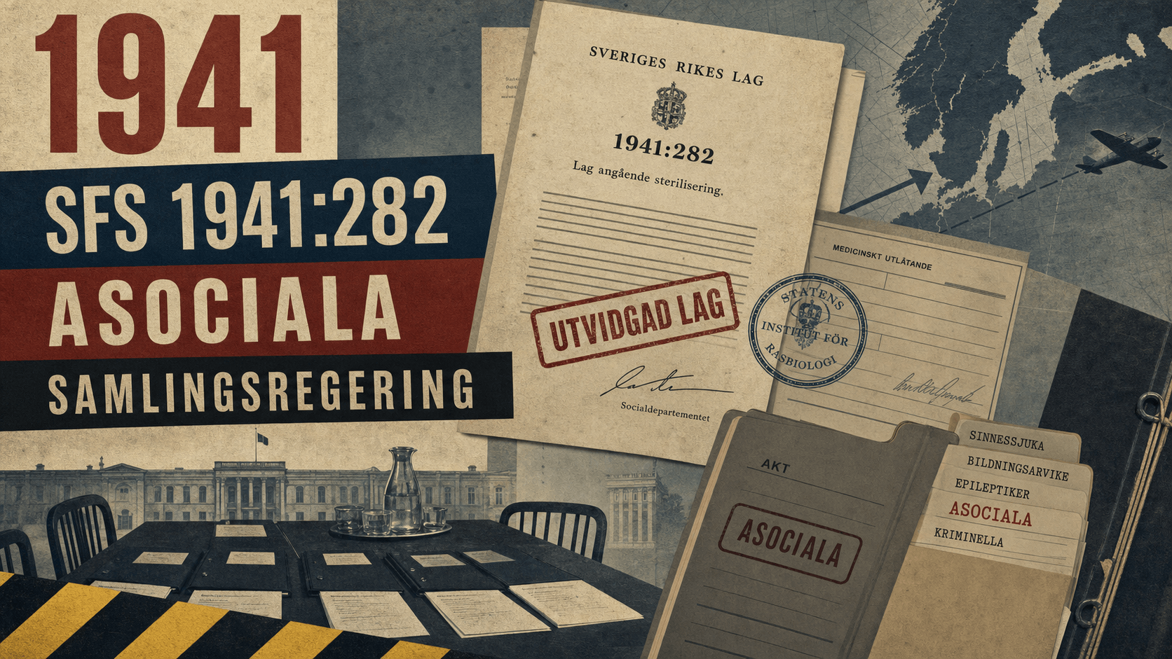 Infografik för Sverige 1941 som sammanfattar 1941 års lag, Sociala etiketter, Krigstidens konsensus.