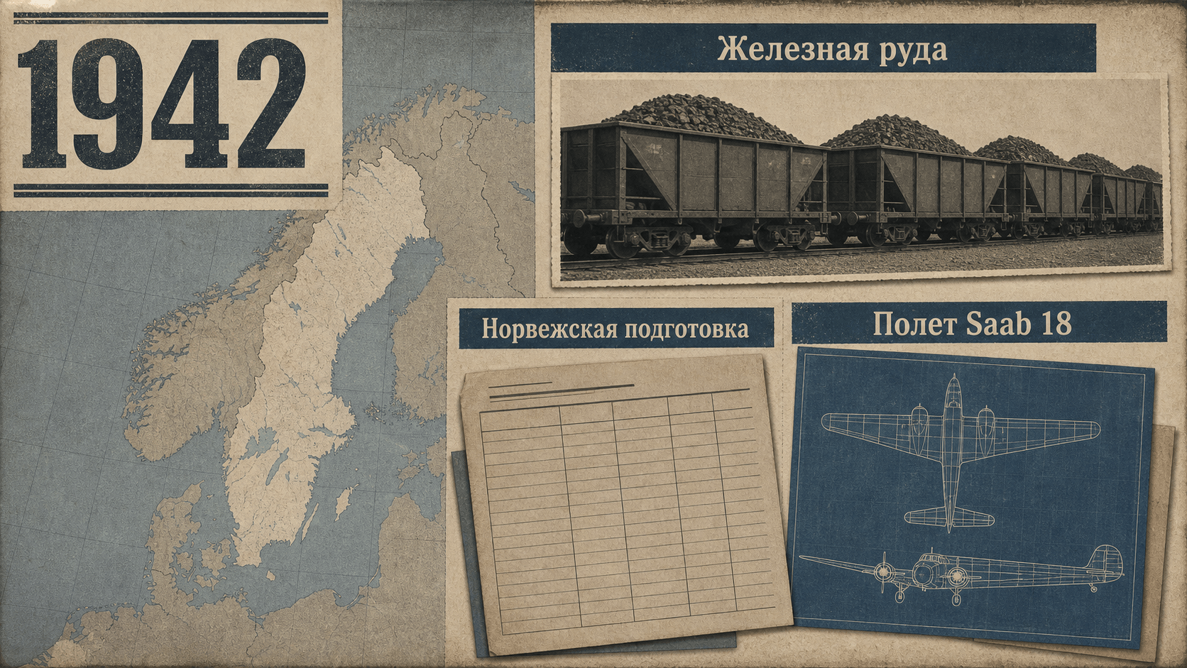 Инфографика о Швеции 1942 года с вагонами руды, учебным журналом и чертежом двухмоторного самолета.