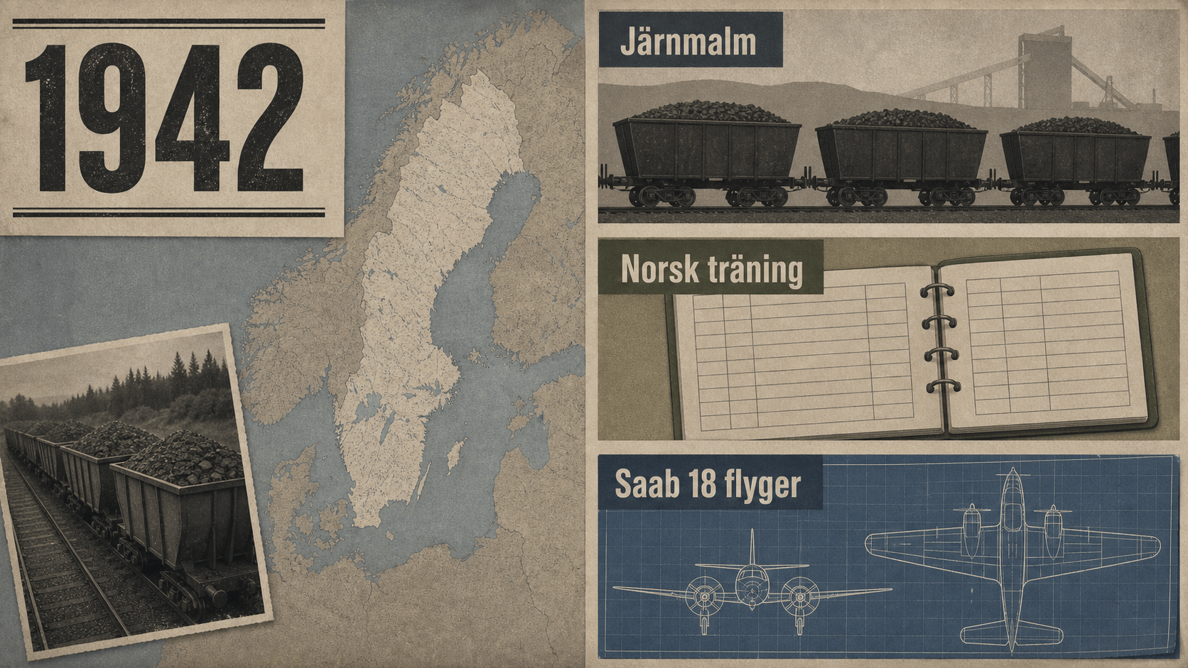 Infografik för Sverige 1942 med malmvagnar, en tom utbildningsliggare och en ritning av tvåmotorigt flygplan.