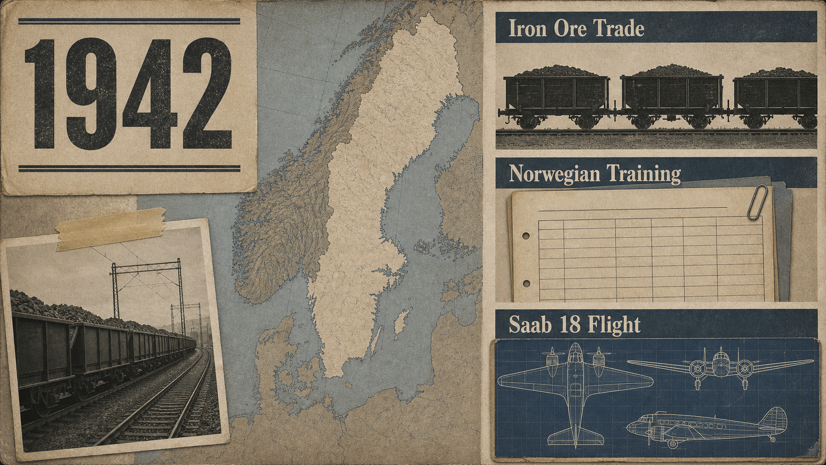 Infographic for Sweden in 1942 with ore rail wagons, a blank training ledger, and a twin-engine aircraft blueprint.
