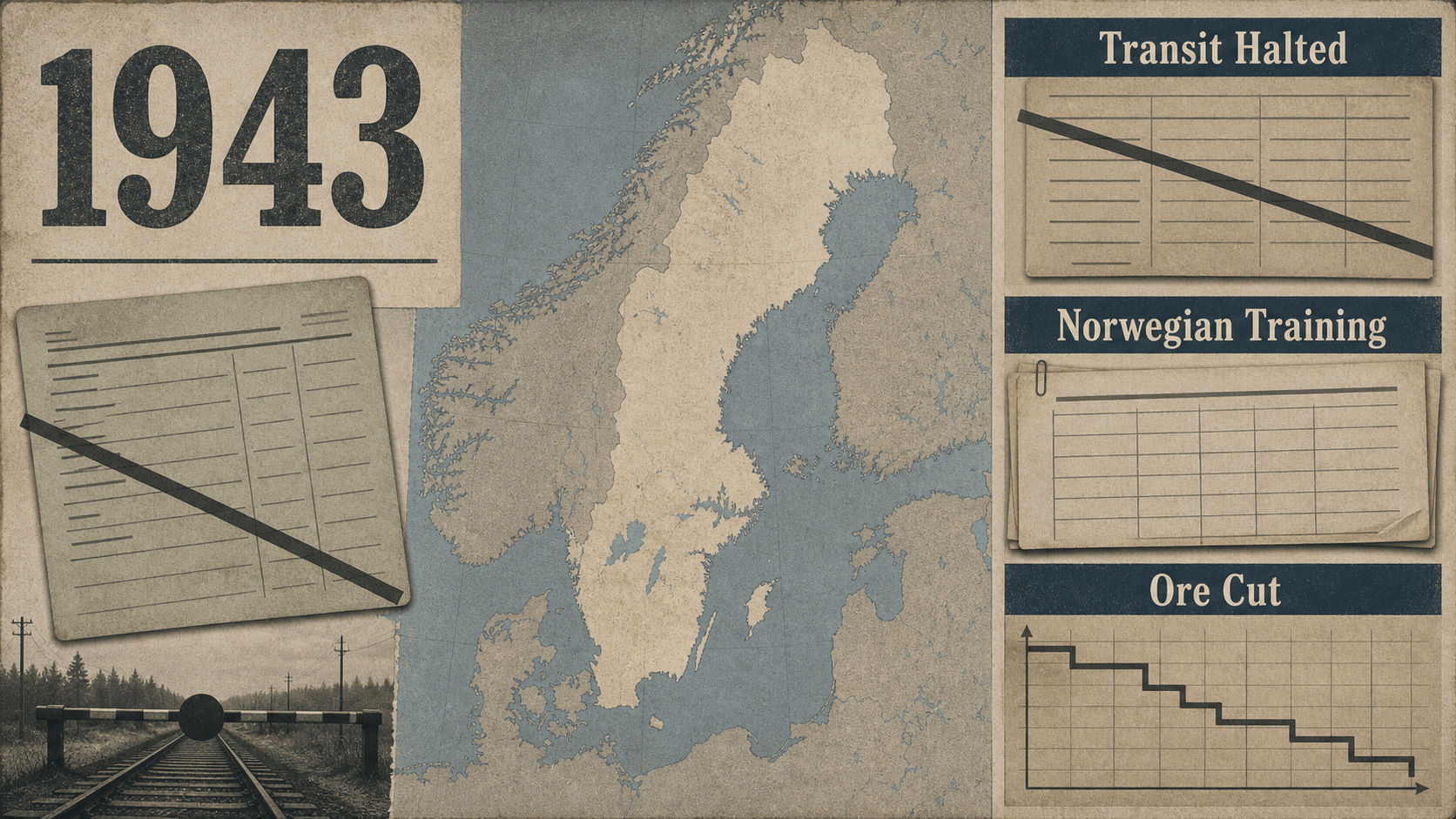 Infographic for Sweden in 1943 with a crossed rail permit, training roster, Nordic map, and falling ore chart.