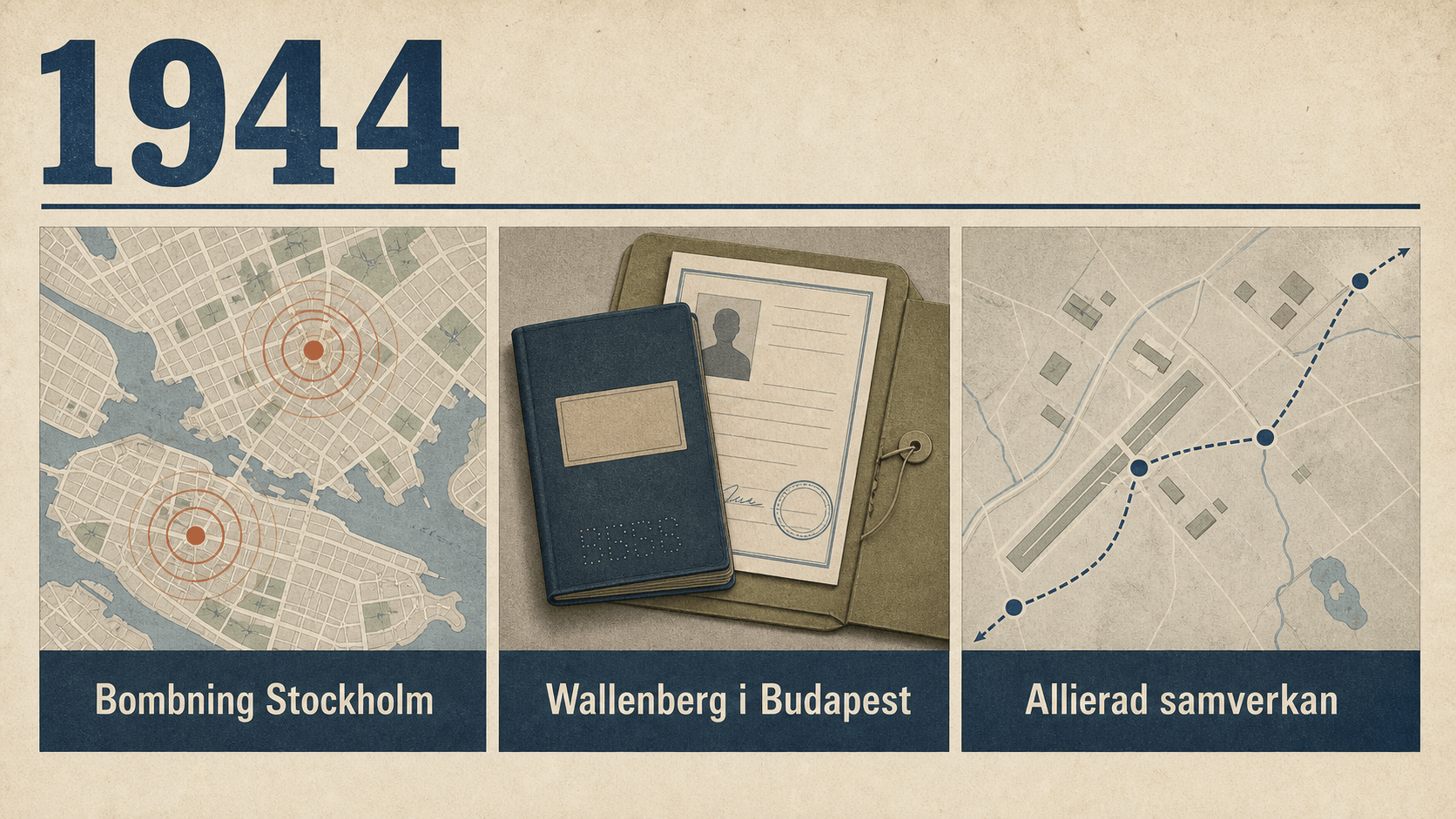 Infografik för Sverige 1944 med Stockholmskarta, skyddsdokument och allierade ruttsymboler.