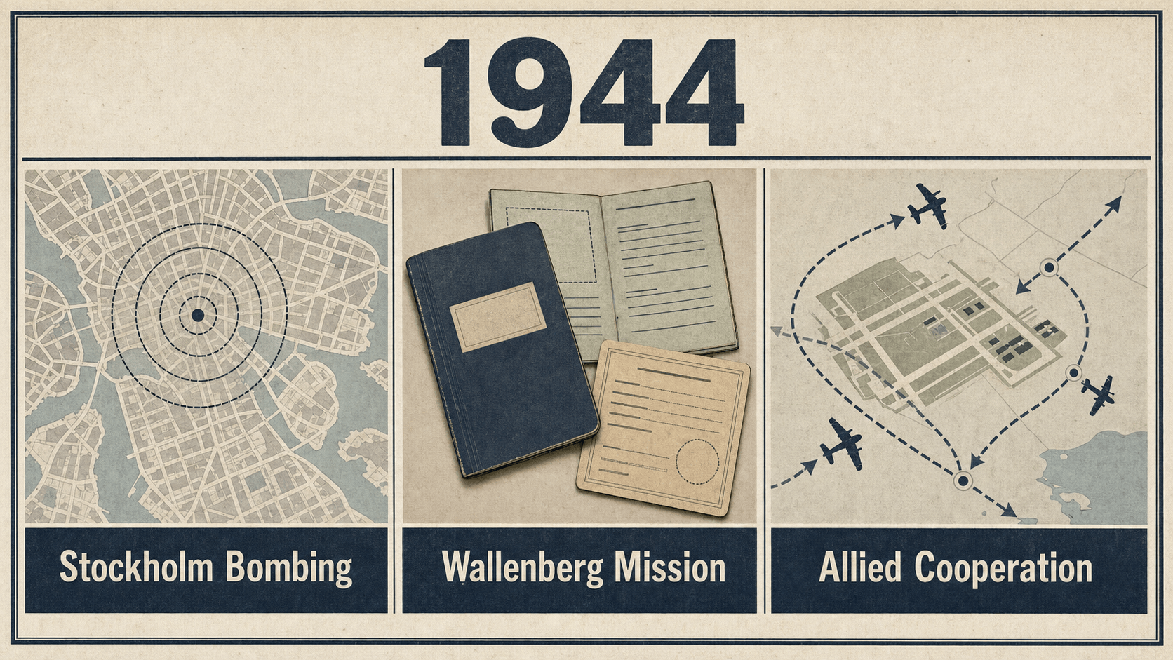 Infographic for Sweden in 1944 with Stockholm map rings, protective documents, and Allied route symbols.