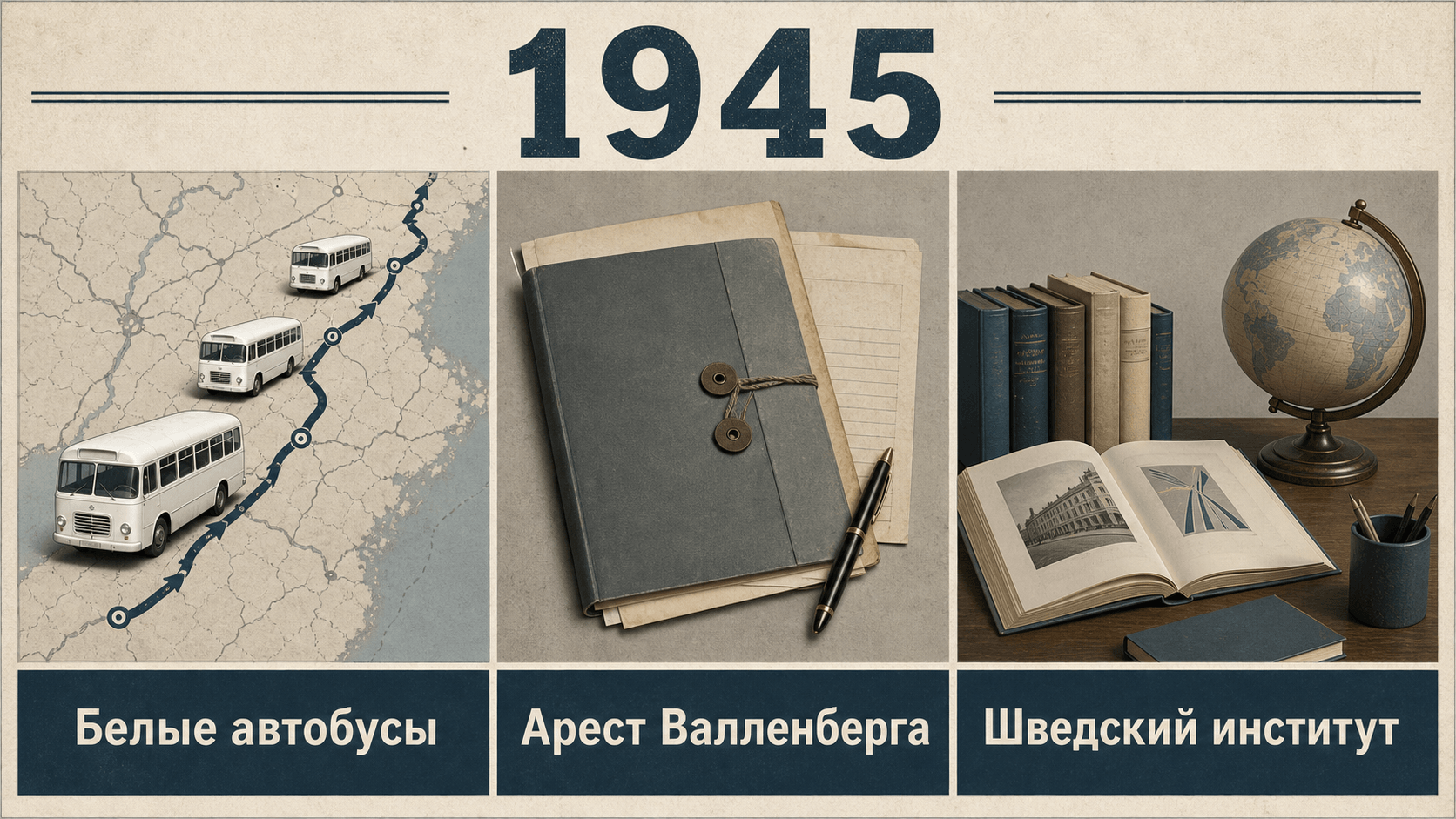 Инфографика о Швеции 1945 года с белыми автобусами, дипломатическим делом, книгами и глобусом.