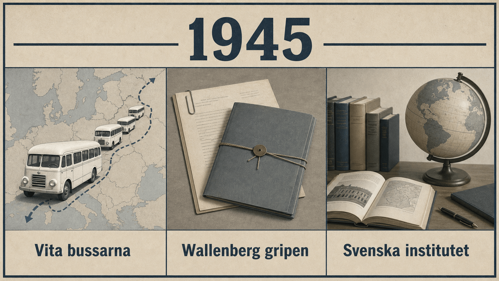 Infografik för Sverige 1945 med vita bussar, diplomatisk akt, böcker och jordglob.