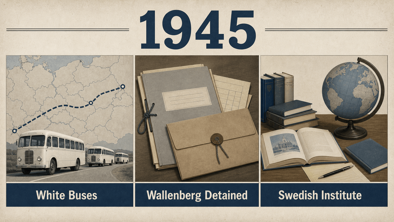 Infographic for Sweden in 1945 with white buses, a diplomatic file, books, and a globe.