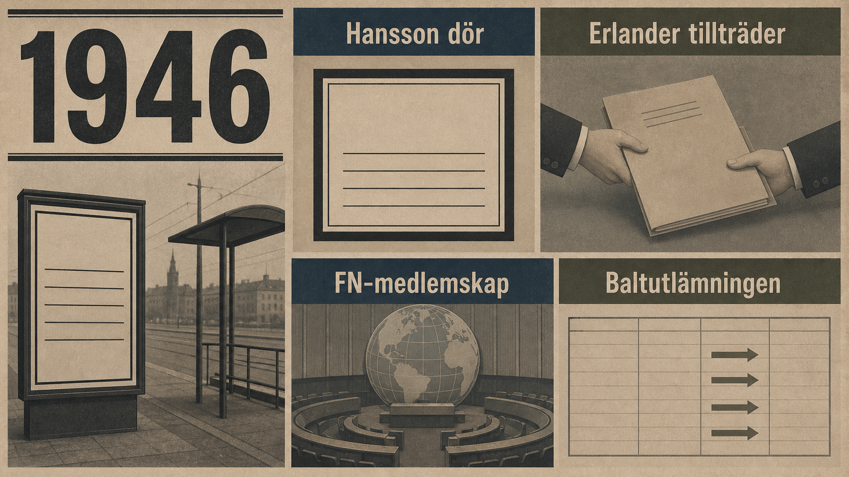 Infografik för Sverige 1946 med hållplatsanslag, överlämnad regeringsakt, generisk samlingsglob och hamnliggare.