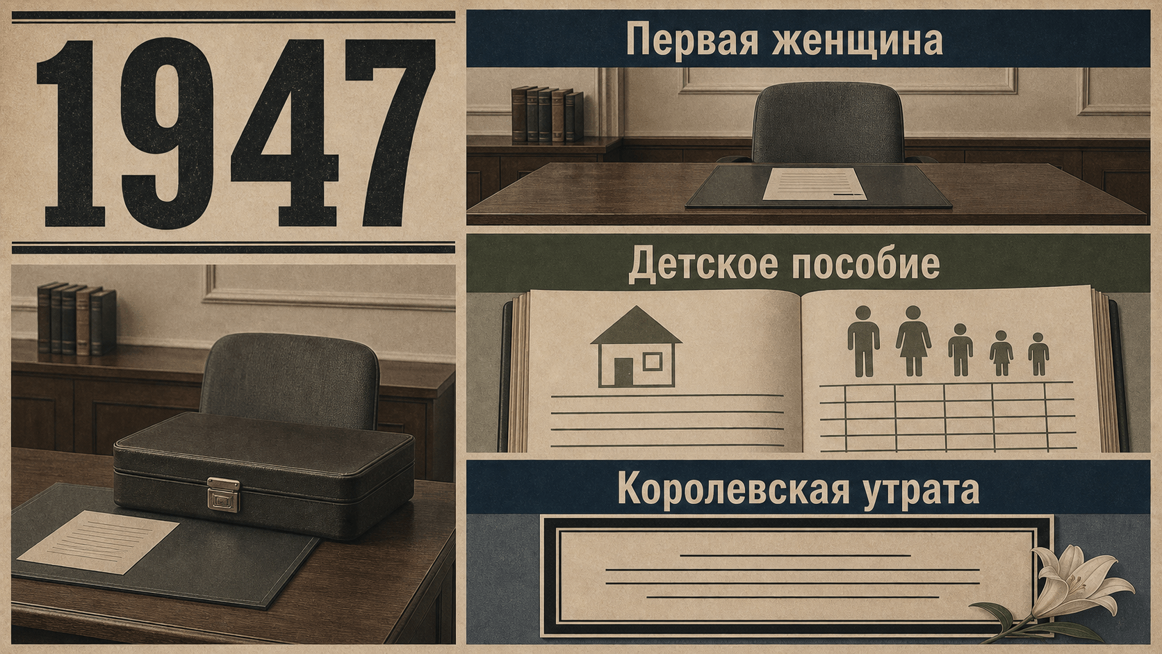Инфографика о Швеции 1947 года с пустым столом кабинета, журналом пособий, семейными значками и памятным уведомлением.