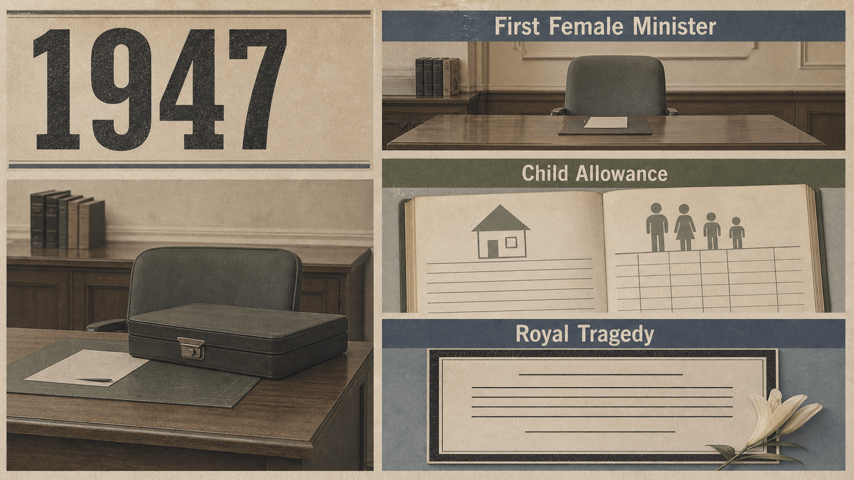 Infographic for Sweden in 1947 with an empty cabinet desk, benefit ledger, household icons, and a memorial notice.