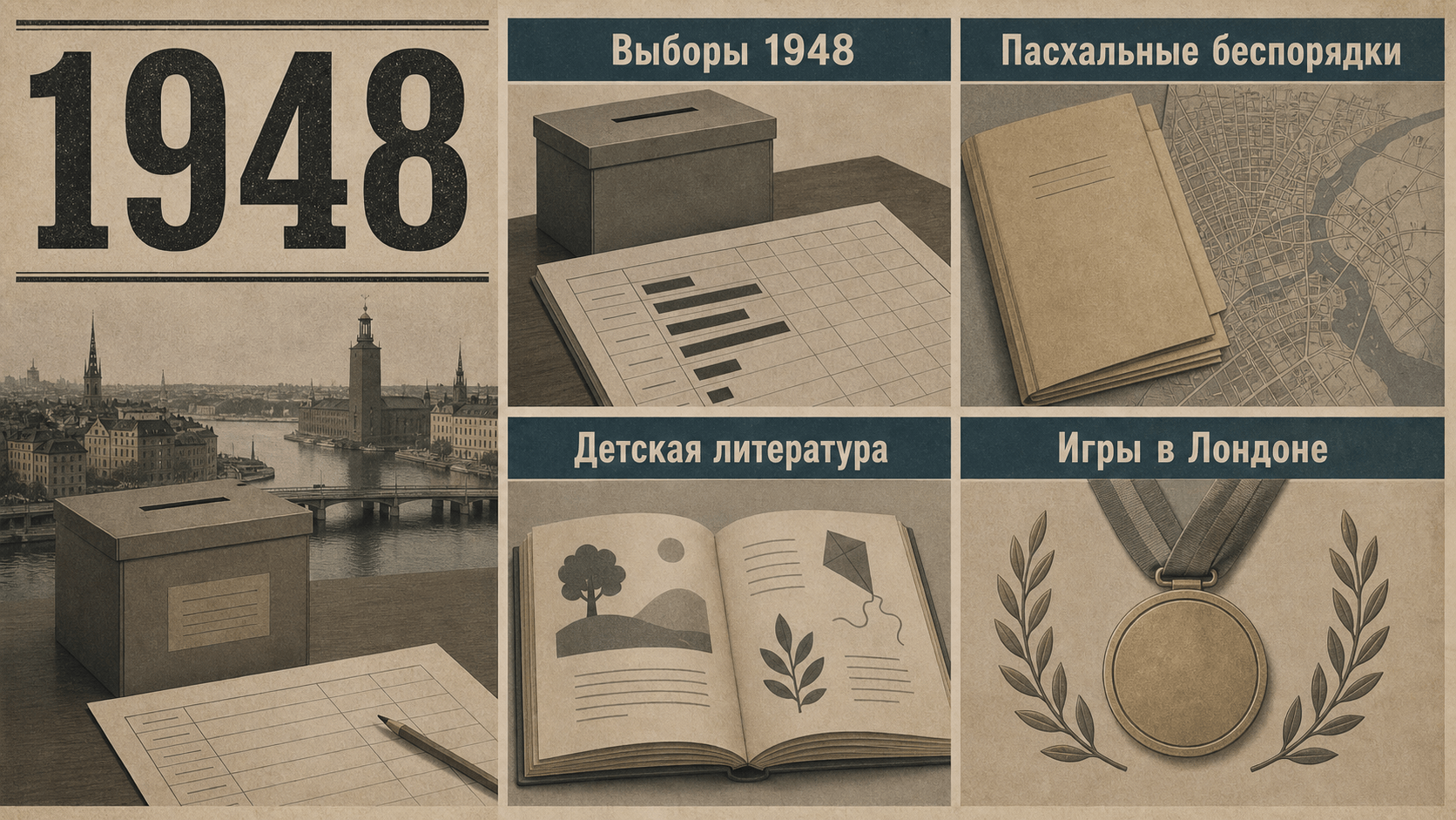 Инфографика о Швеции 1948 года с избирательными материалами, стокгольмским уличным отчетом, детской книгой и символом медали.