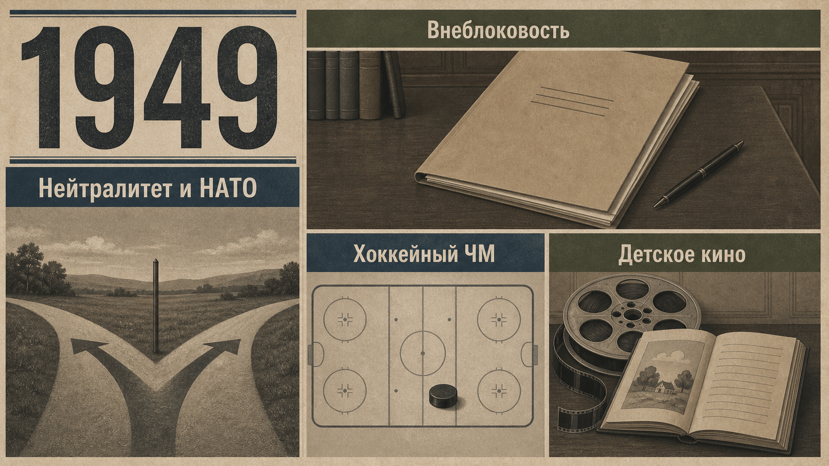 Инфографика о Швеции 1949 года с развилкой нейтралитета, договорной папкой, схемой хоккейной площадки и кинопленкой.