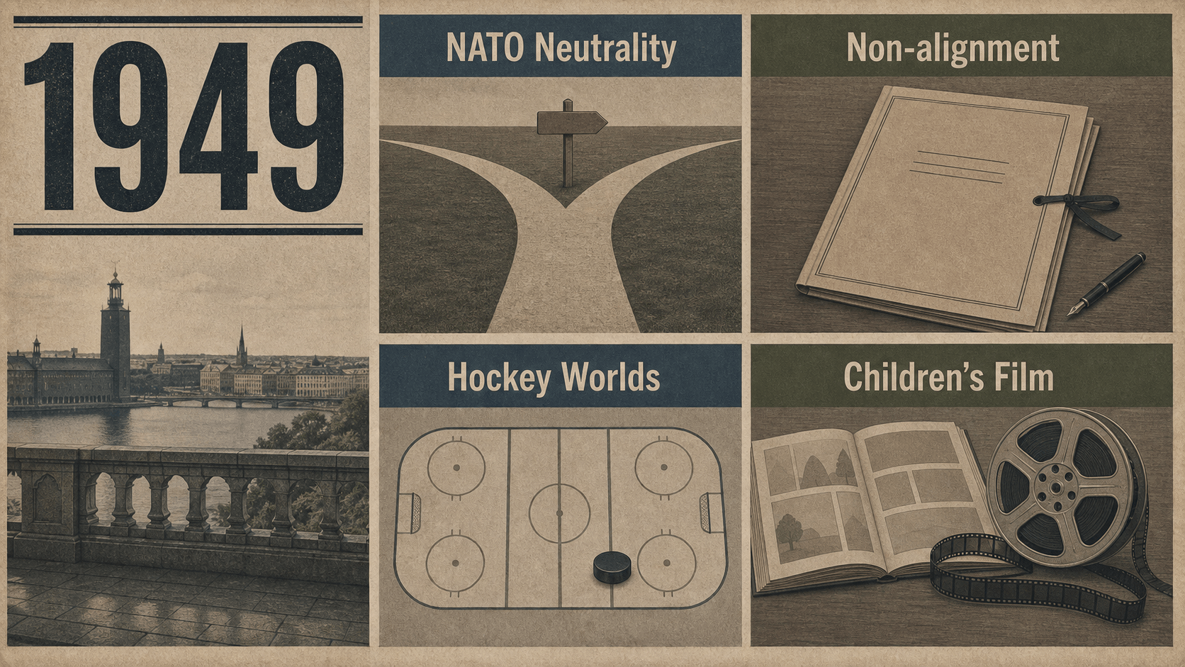 Infographic for Sweden in 1949 with a forked neutrality road, treaty folder, hockey rink diagram, and film reel.