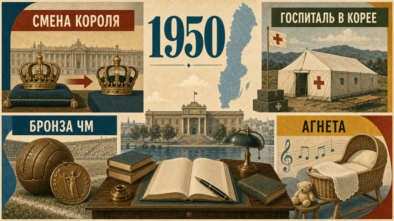 Инфографика о Швеции 1950 года с символами смены короля, госпиталя в Корее, футбольной бронзы и рождения музыкальной звезды.