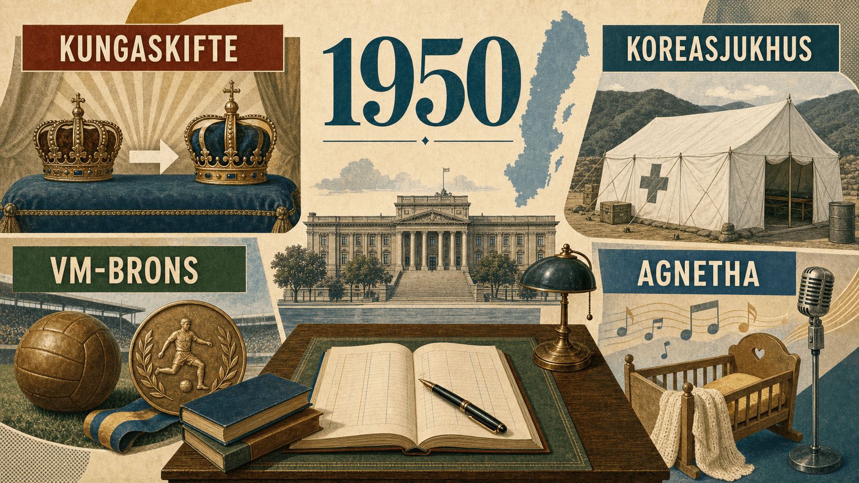 Infografik för Sverige 1950 med symboler för kungaskifte, Koreasjukhus, fotbollsbrons och musikfödelse.