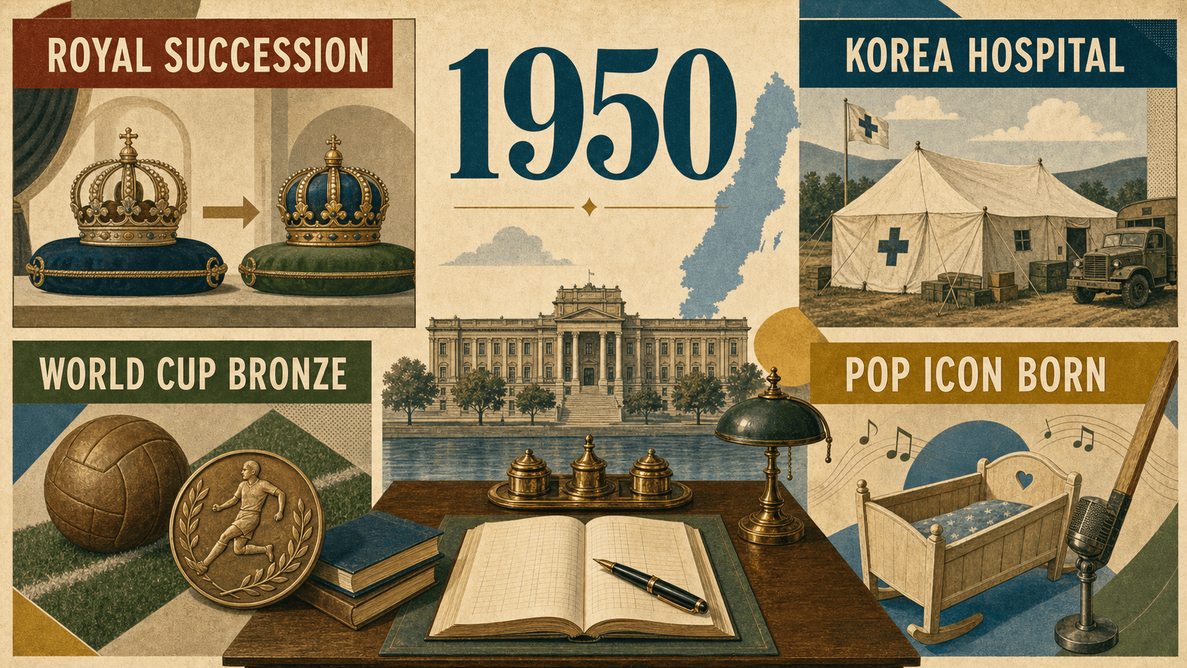 Infographic for Sweden in 1950 with royal succession, Korea hospital, football bronze, and music birth symbols.