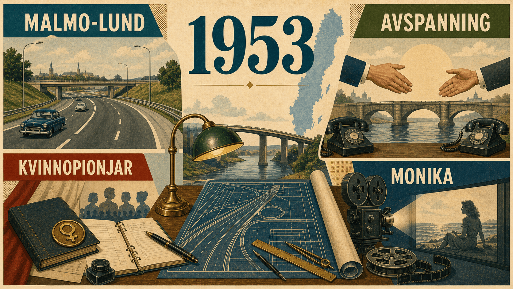 Infografik för Sverige 1953 med symboler för motorväg, avspänning, arbetarrörelse och film.
