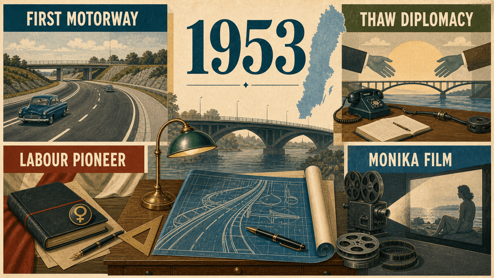 Infographic for Sweden in 1953 with motorway, diplomacy, labour movement, and cinema symbols.