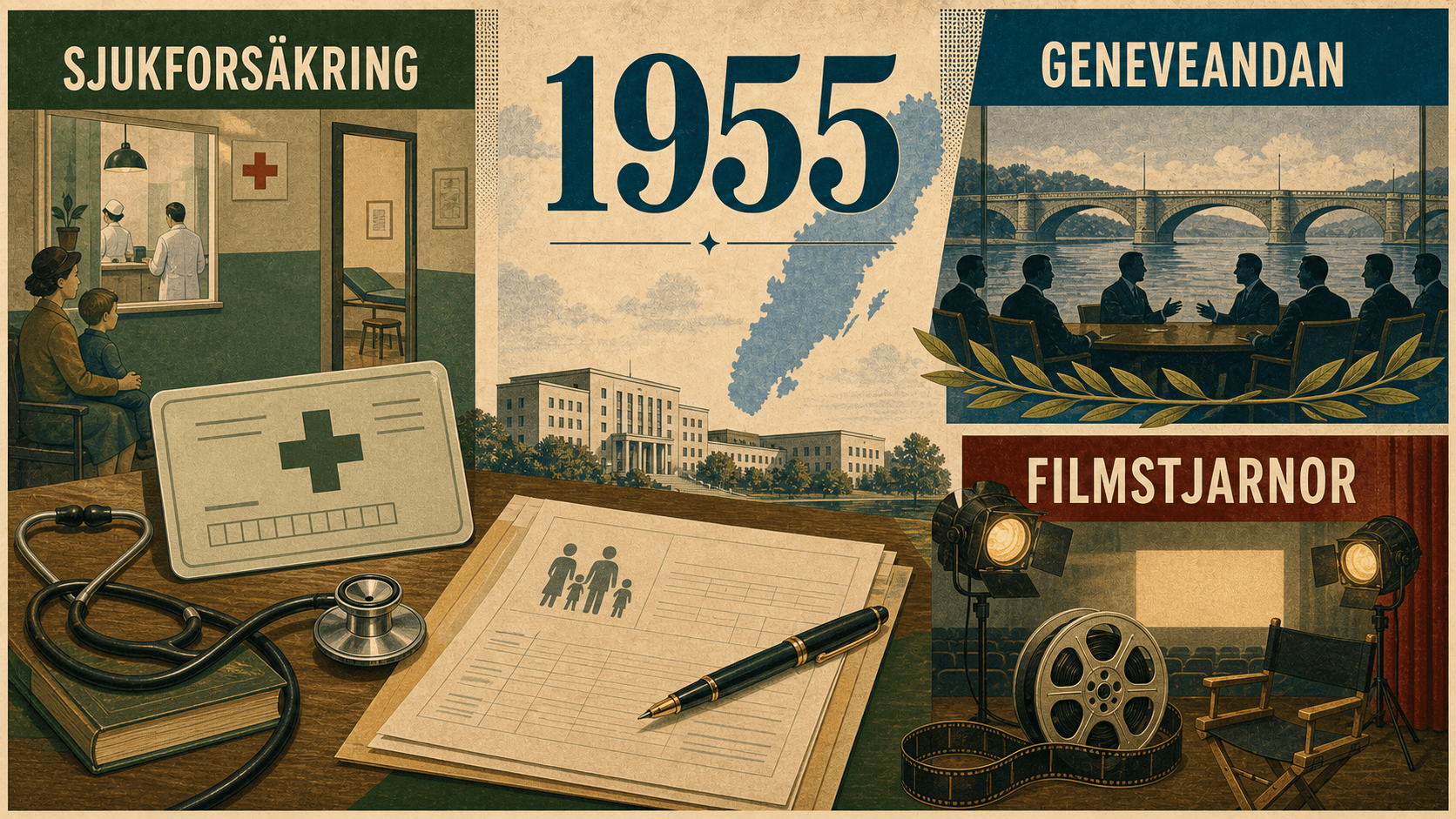 Infografik för Sverige 1955 med symboler för sjukförsäkring, diplomati och film.