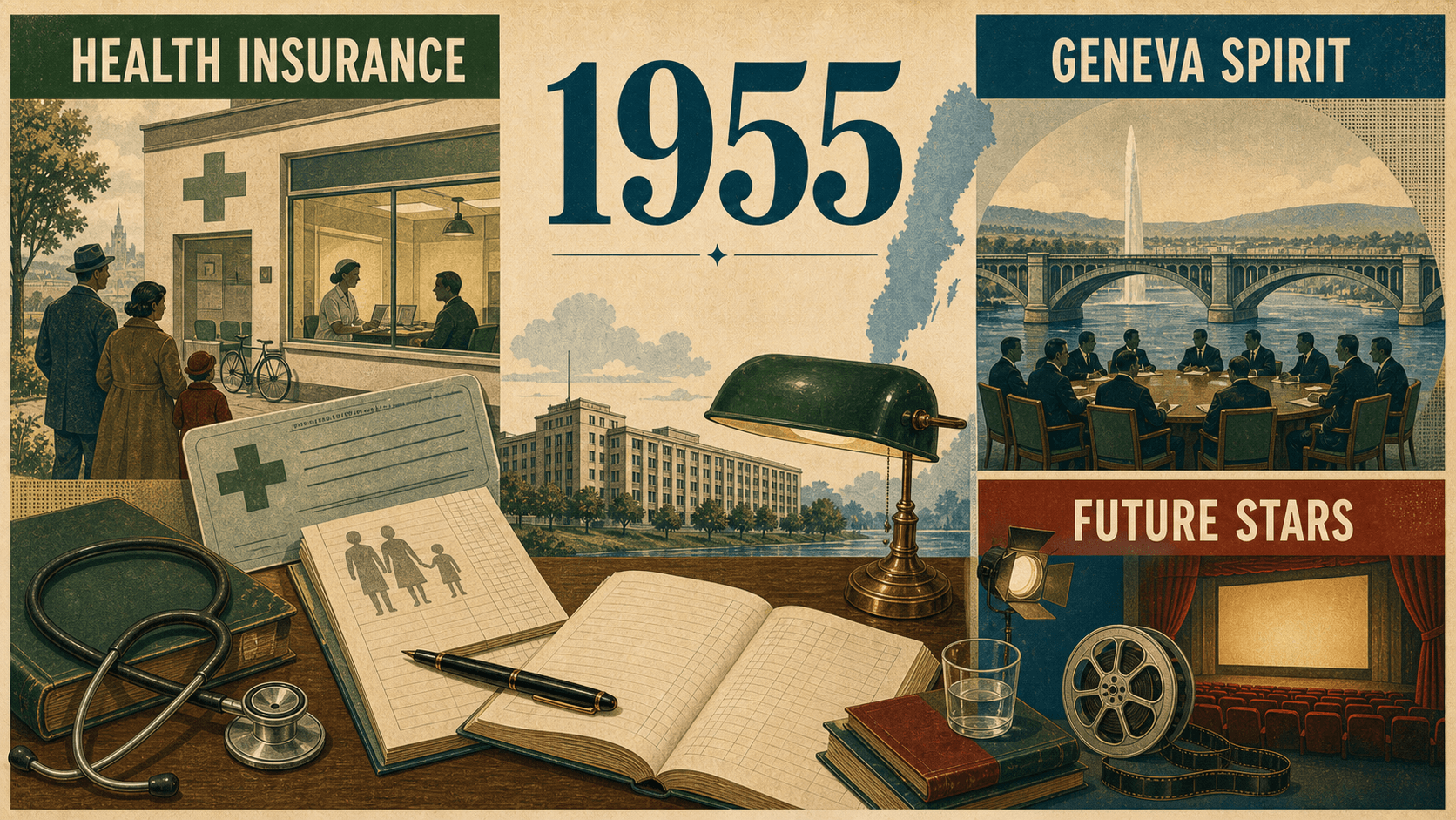 Infographic for Sweden in 1955 with health insurance, diplomacy, and cinema symbols.