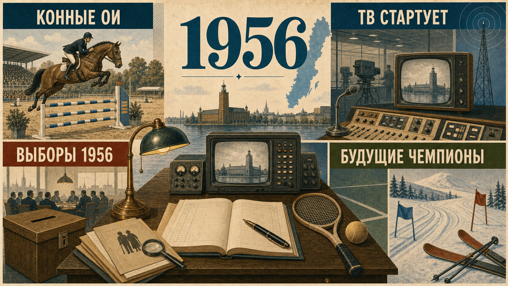 Инфографика о Швеции 1956 года с символами конного спорта, телевидения, выборов, тенниса и лыж.
