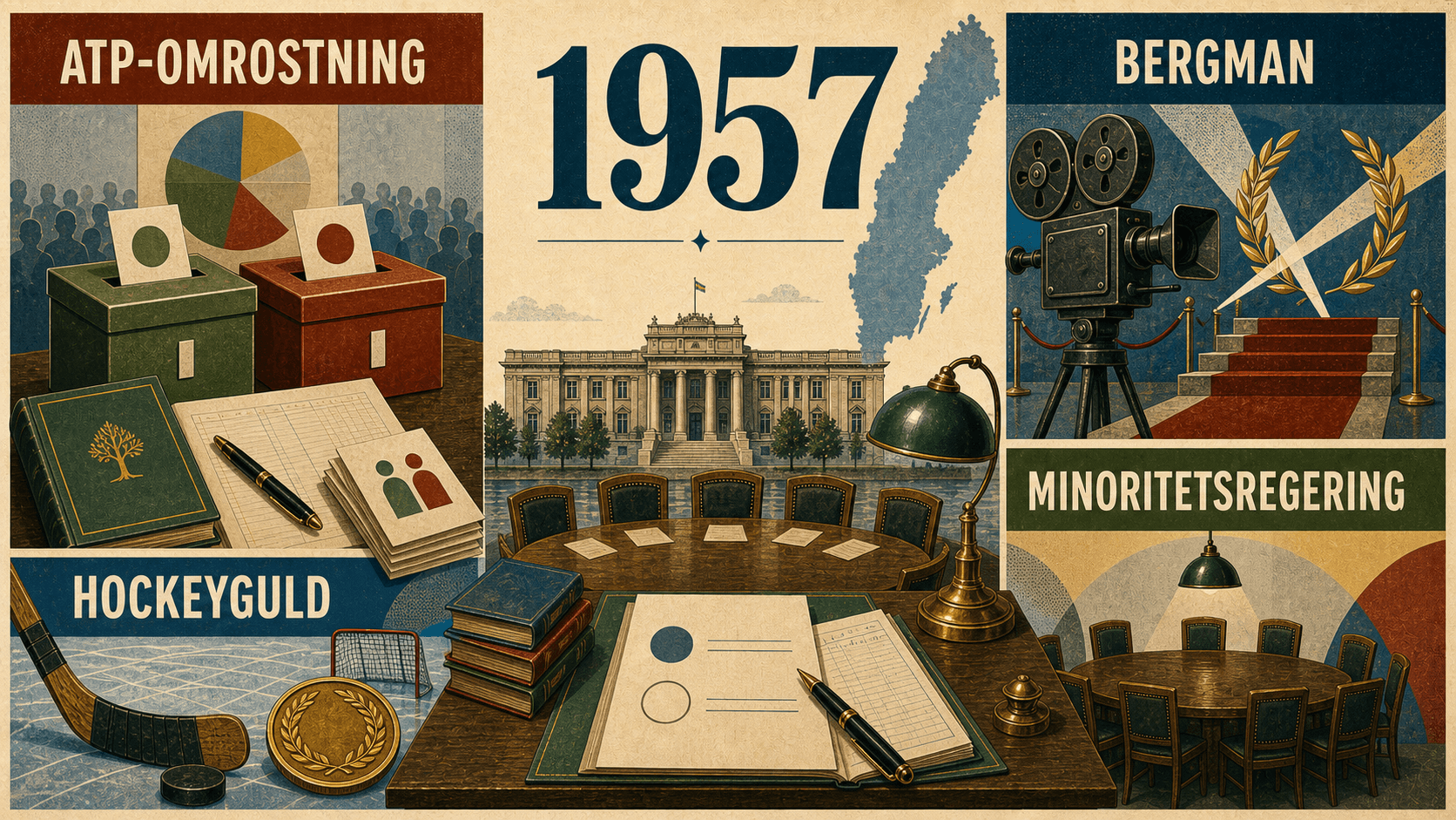 Infografik för Sverige 1957 med symboler för folkomröstning, film, hockey och minoritetsregering.