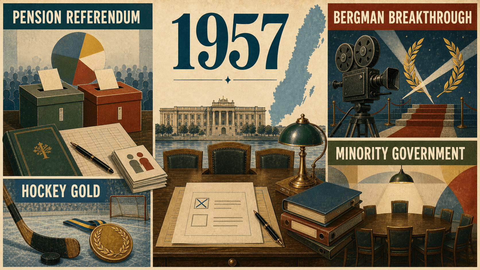 Infographic for Sweden in 1957 with referendum, cinema, hockey, and minority government symbols.