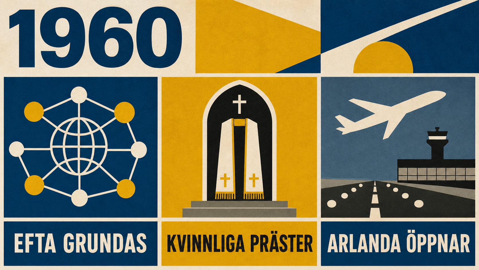 Infografik för Sverige 1960 med symboler för EFTA, kvinnliga präster och Arlanda.
