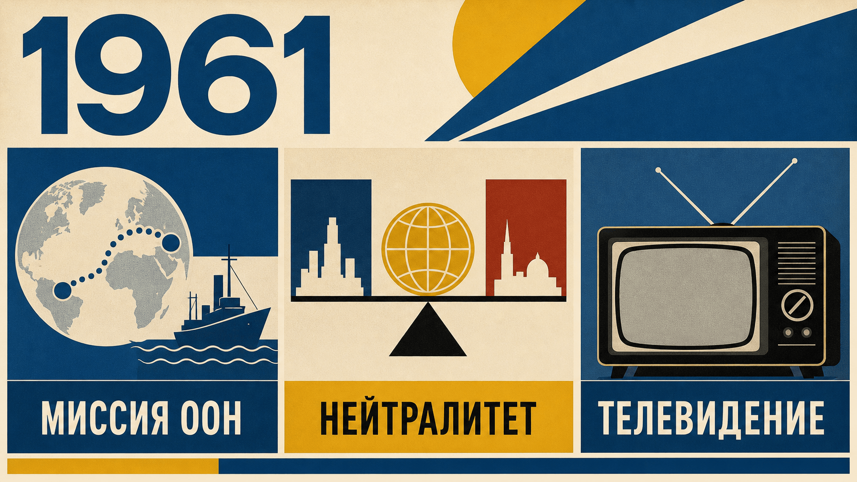 Инфографика о Швеции 1961 года с символами миссии ООН, нейтралитета и телевидения.