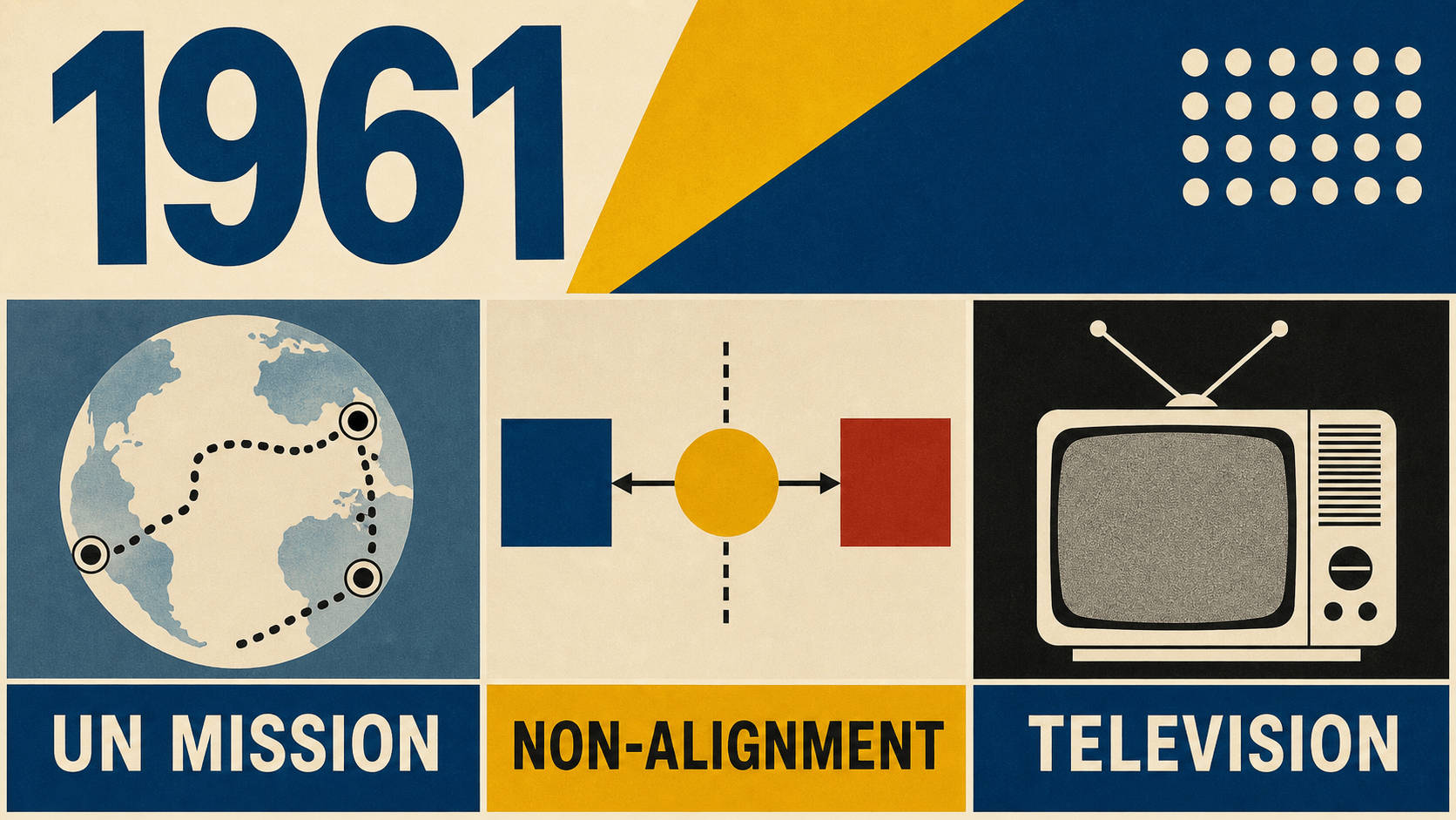 Infographic for Sweden in 1961 with UN mission, non-alignment, and television symbols.