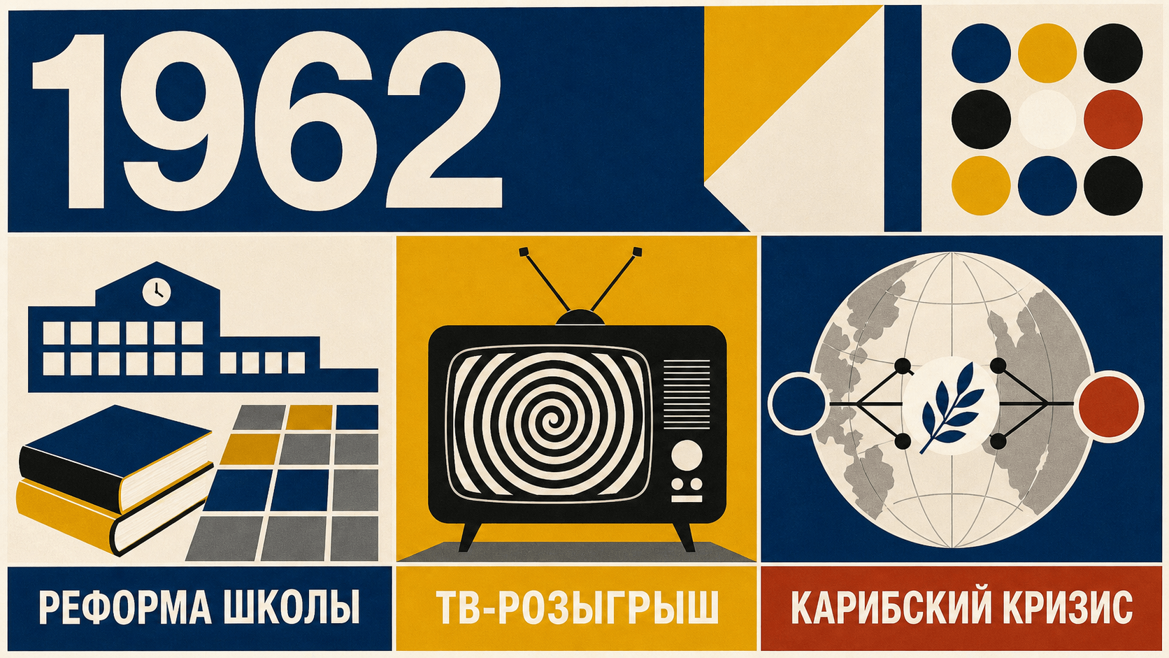 Инфографика о Швеции 1962 года с символами школьной реформы, ТВ-розыгрыша и Карибского кризиса.