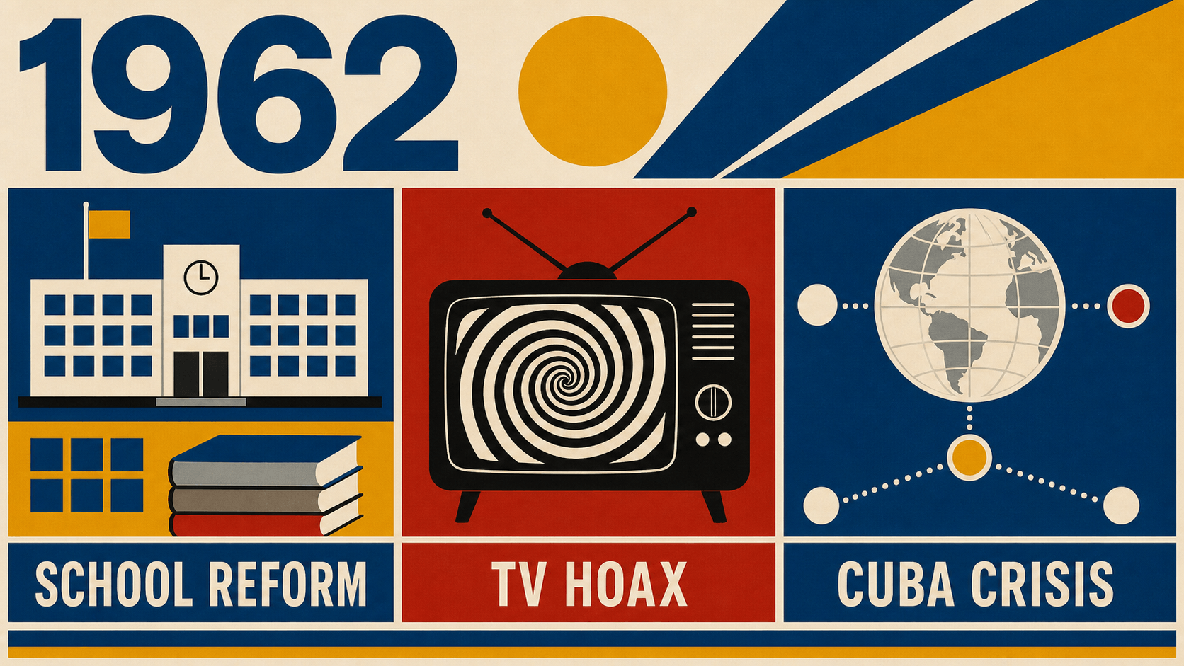 Infographic for Sweden in 1962 with school reform, TV hoax, and Cuba crisis symbols.