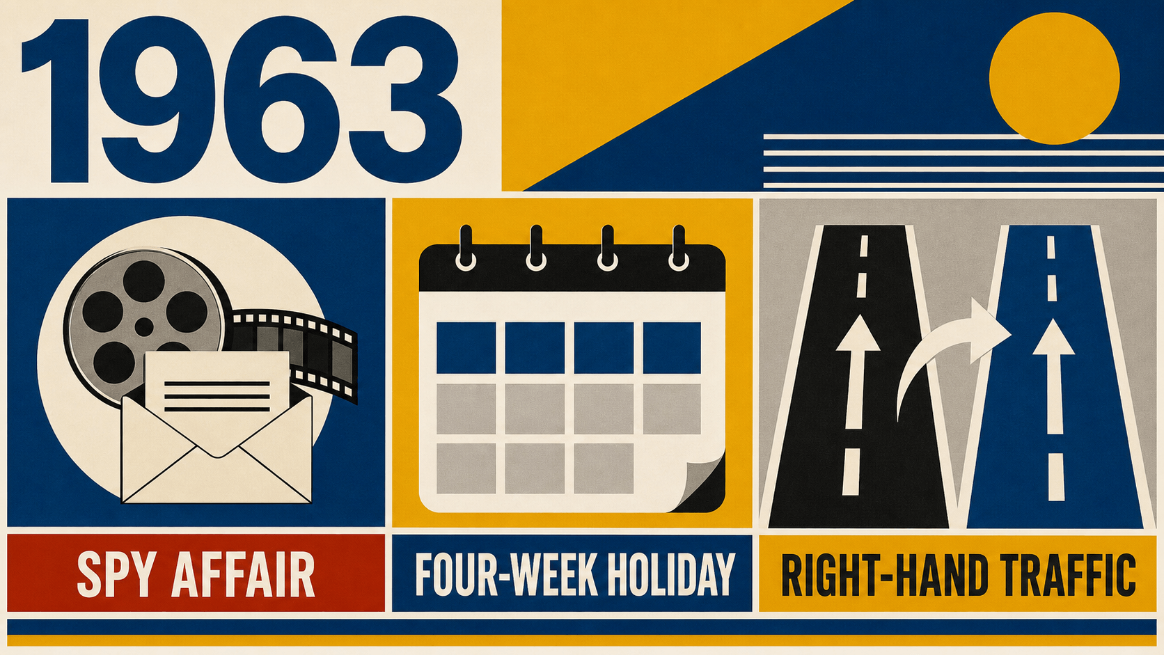 Infographic for Sweden in 1963 with spy affair, holiday law, and traffic-switch symbols.
