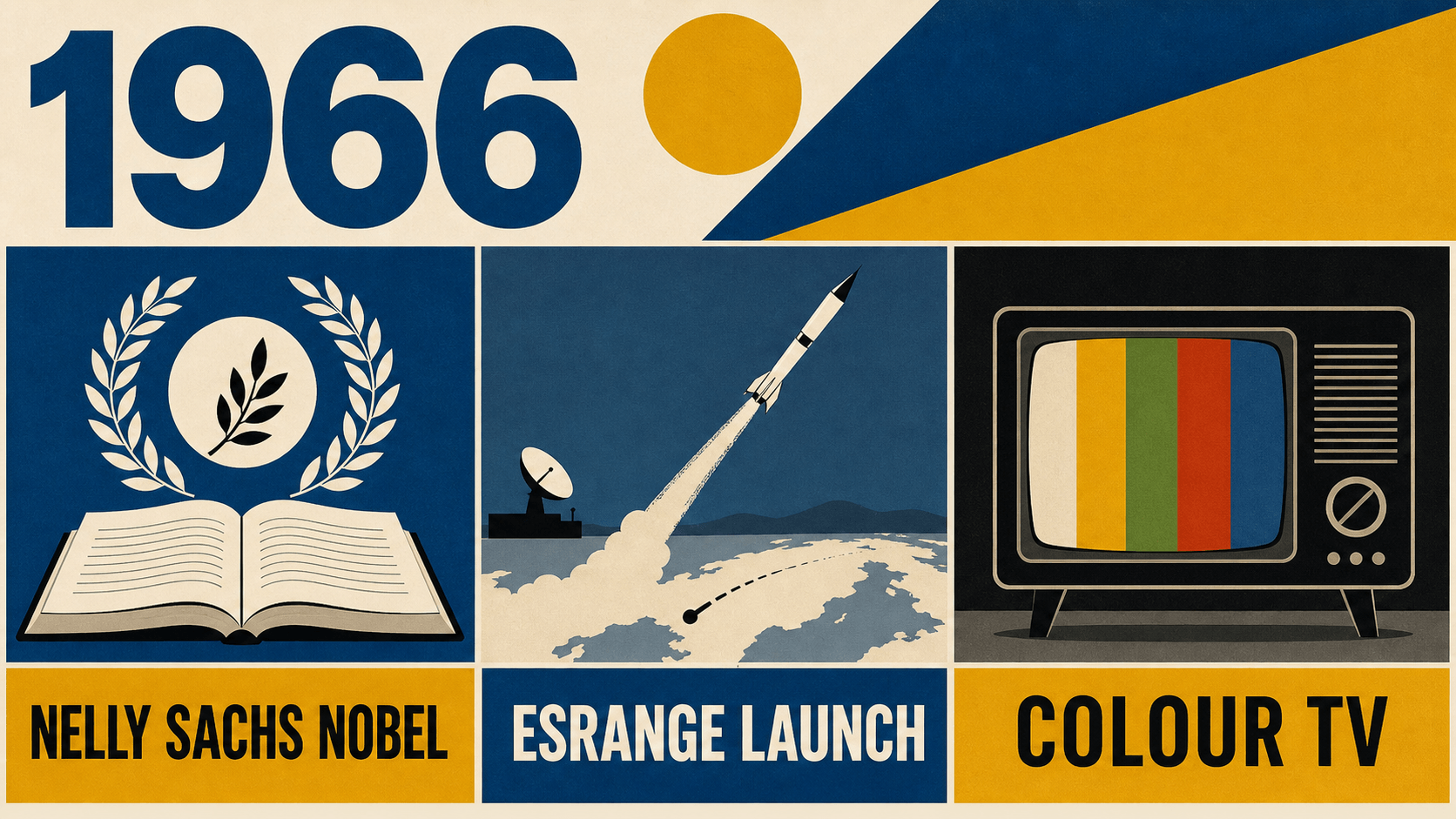 Infographic for Sweden in 1966 with Nobel literature, Esrange, and colour TV symbols.