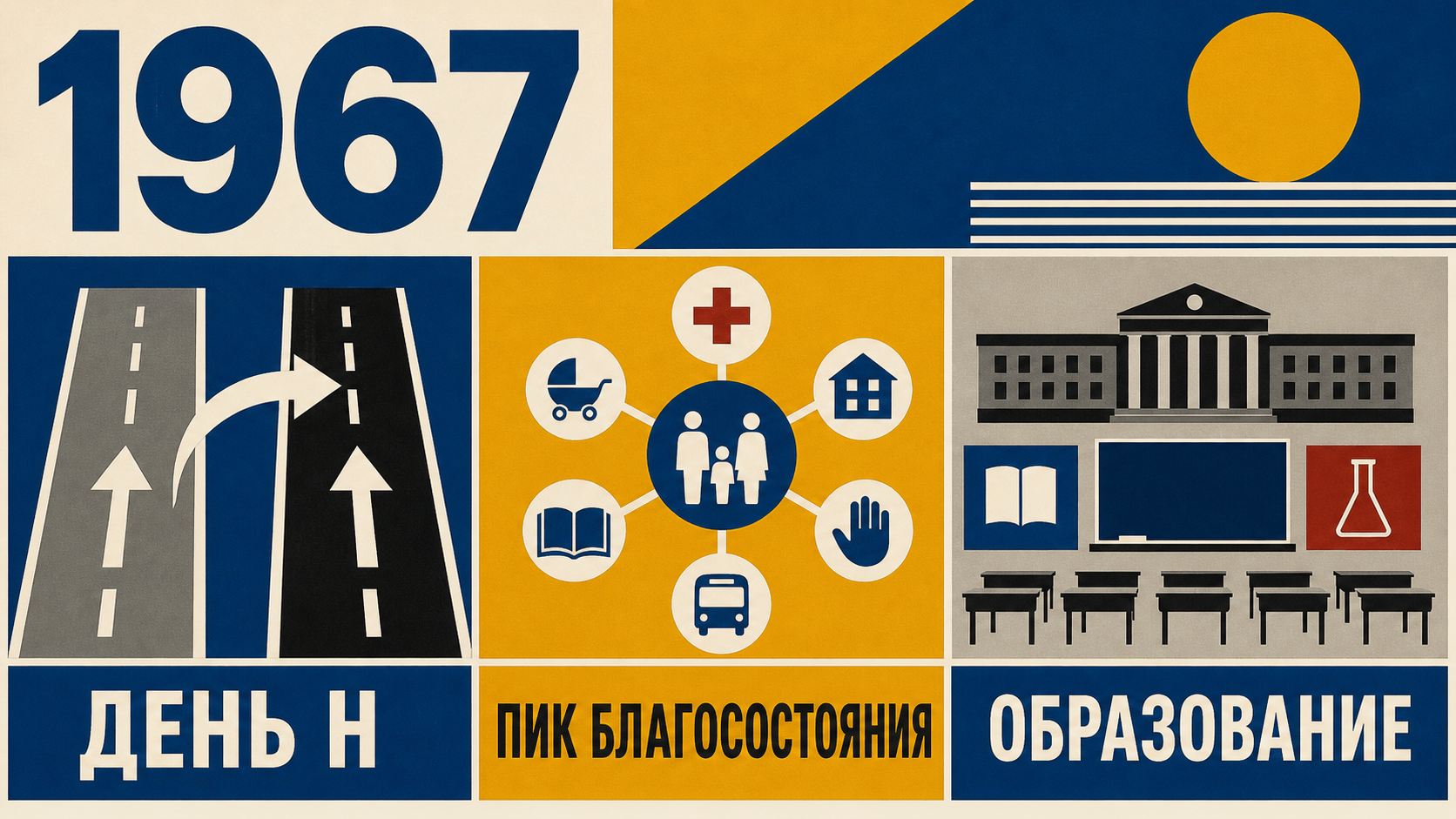 Инфографика о Швеции 1967 года с символами правостороннего движения, благосостояния и образования.