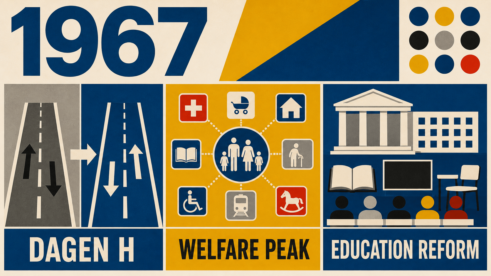Infographic for Sweden in 1967 with traffic switch, welfare peak, and education symbols.