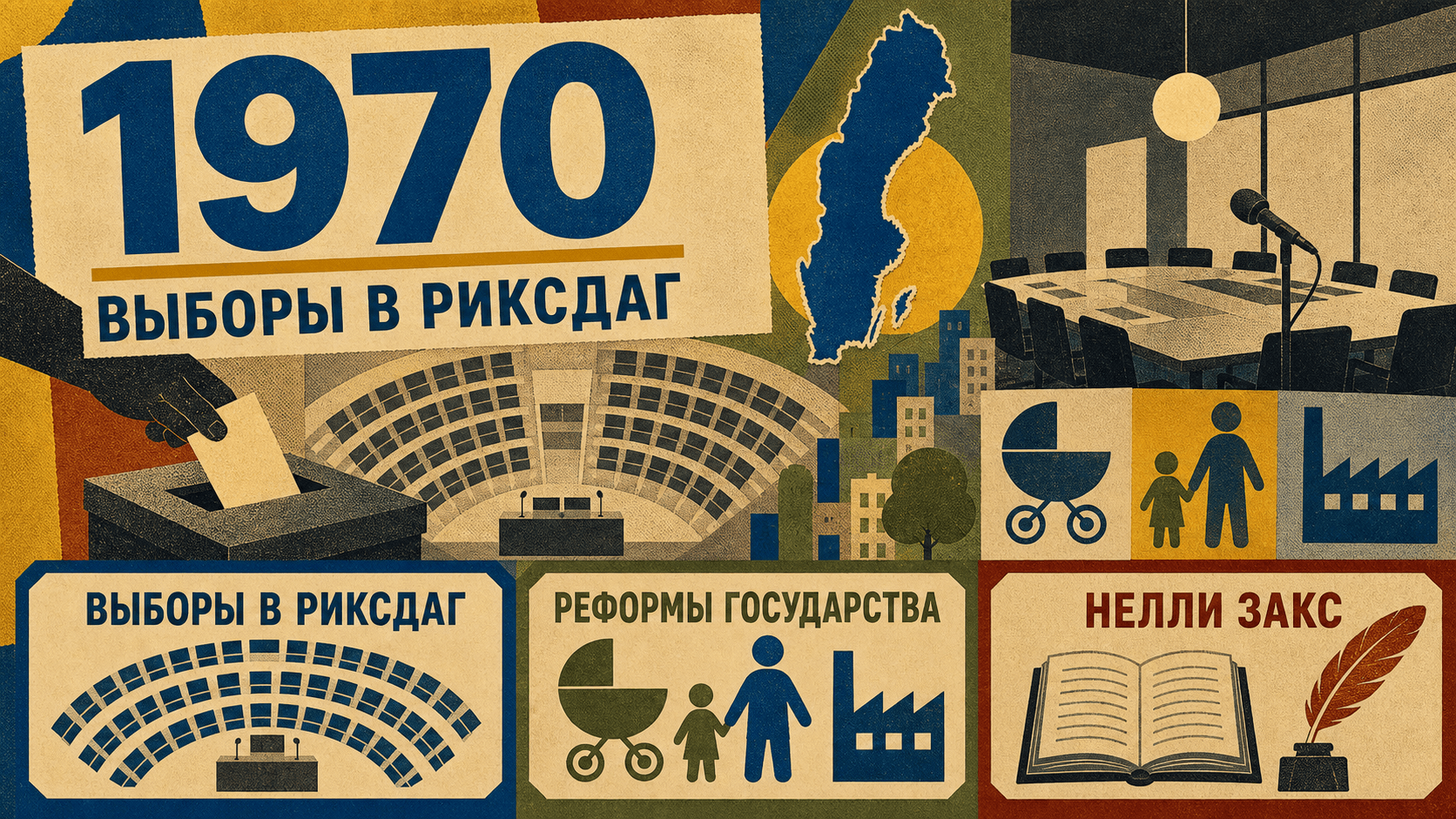 Инфографика о Швеции 1970 года с символами выборов в риксдаг, государственных реформ и Нелли Закс.