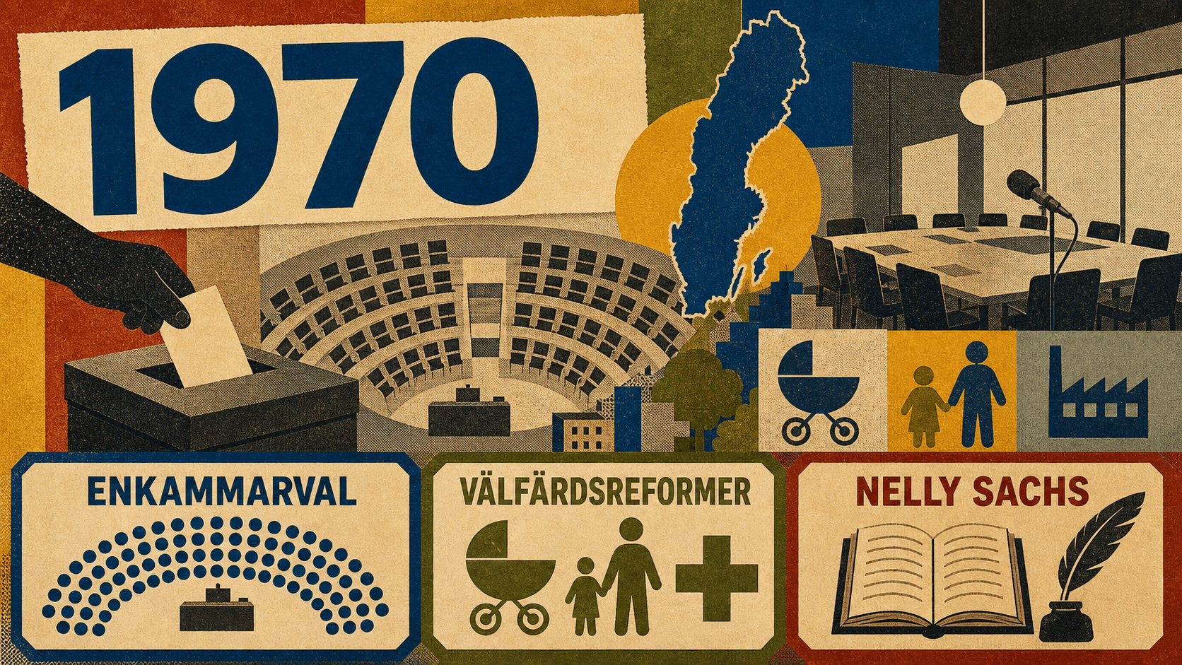 Infografik för Sverige 1970 med symboler för enkammarvalet, välfärdsreformer och Nelly Sachs.