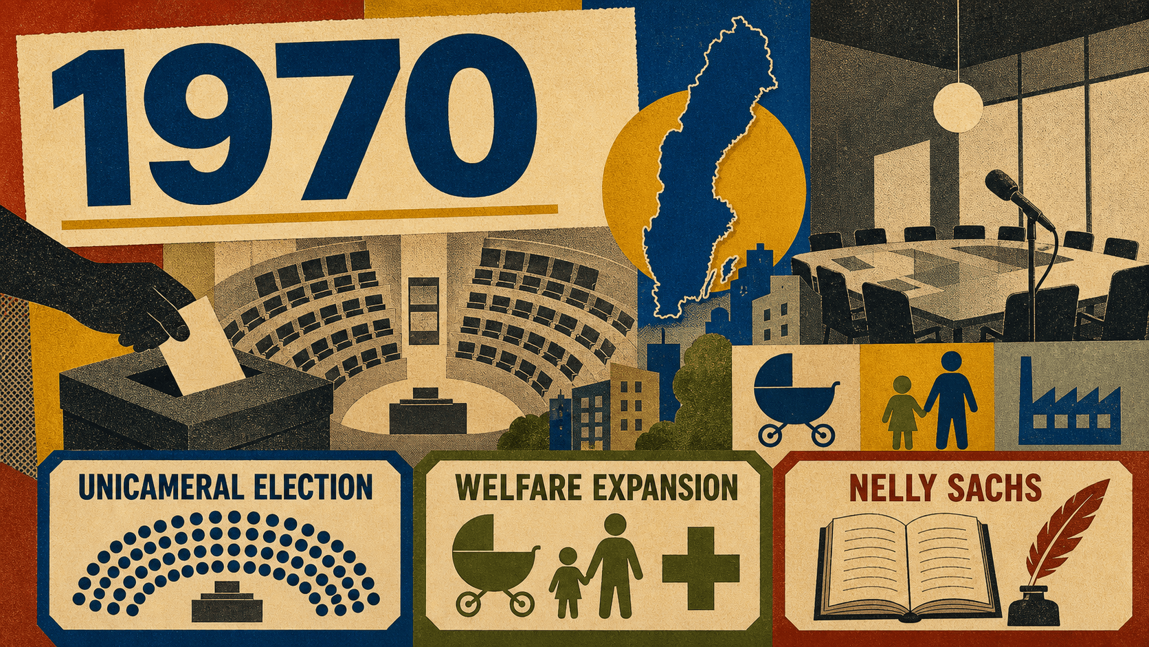 Infographic for Sweden in 1970 with unicameral election, welfare expansion, and Nelly Sachs symbols.