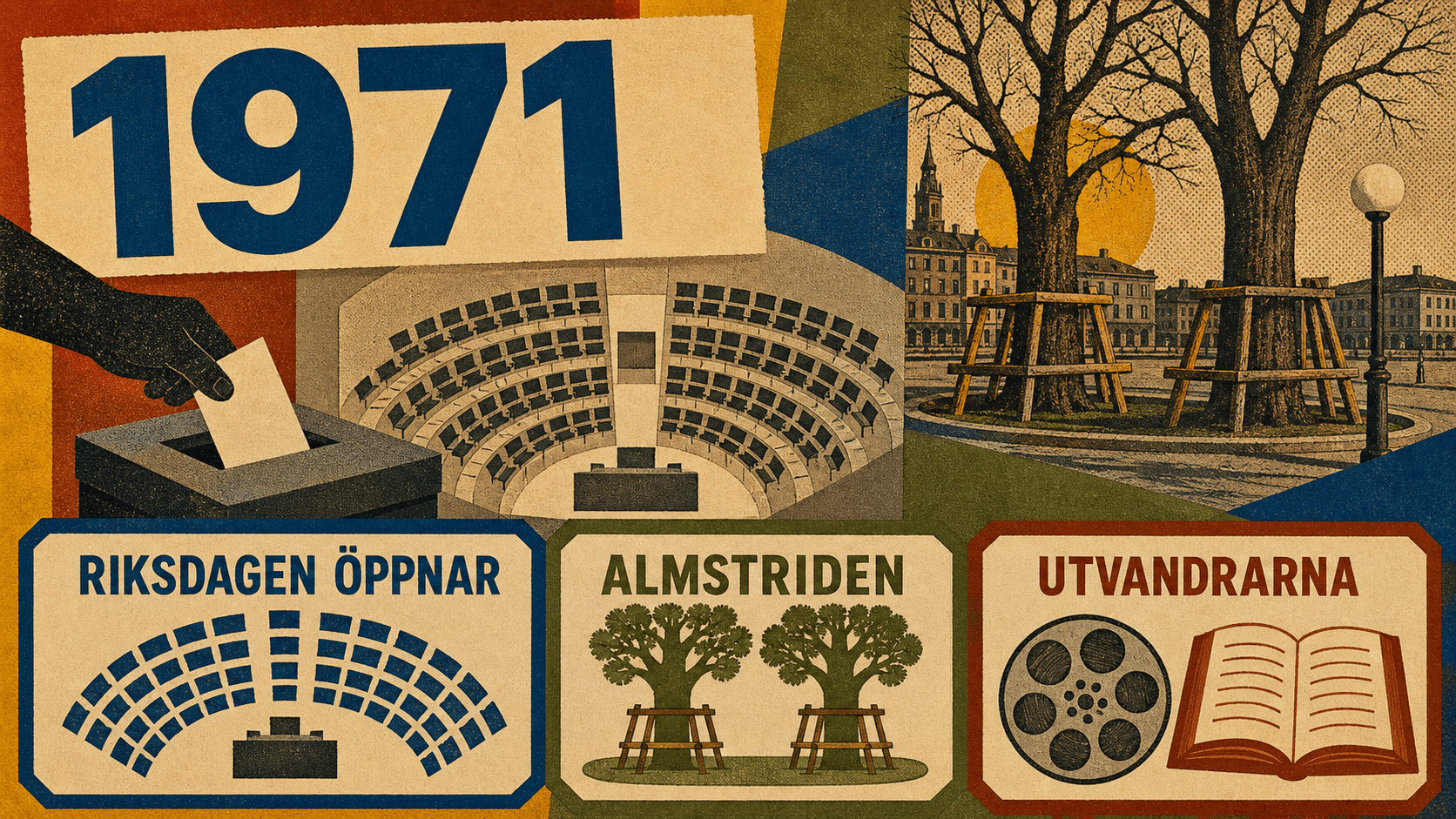 Infografik för Sverige 1971 med symboler för riksdagen, almstriden och Utvandrarna.