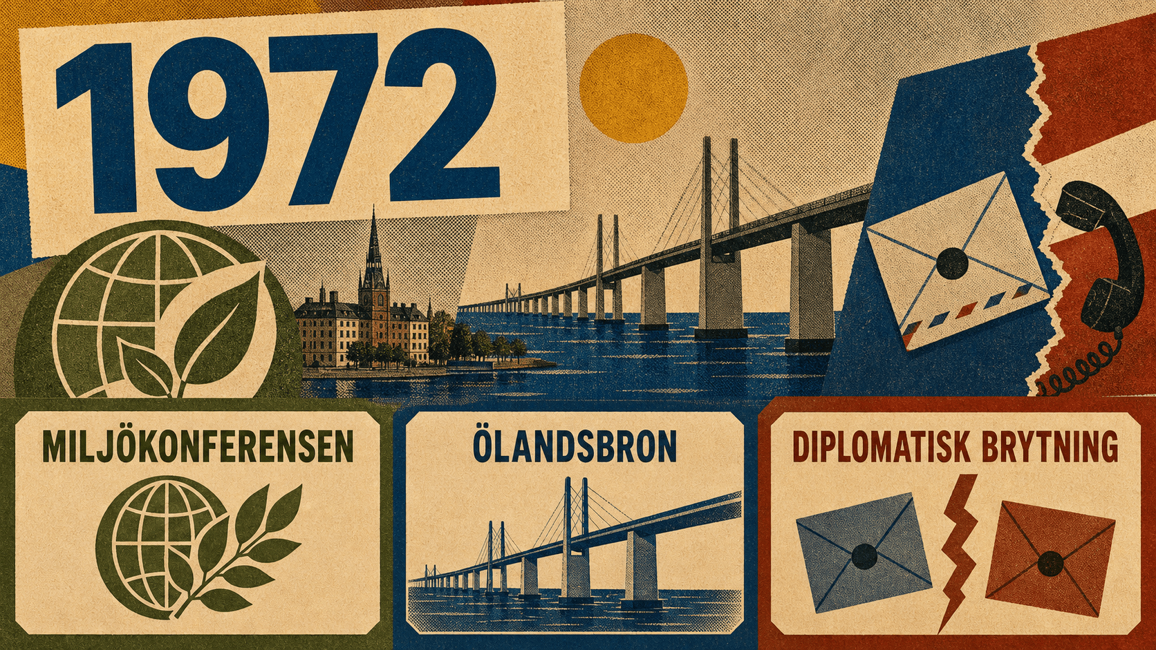 Infografik för Sverige 1972 med symboler för miljökonferensen, Ölandsbron och diplomatisk brytning.