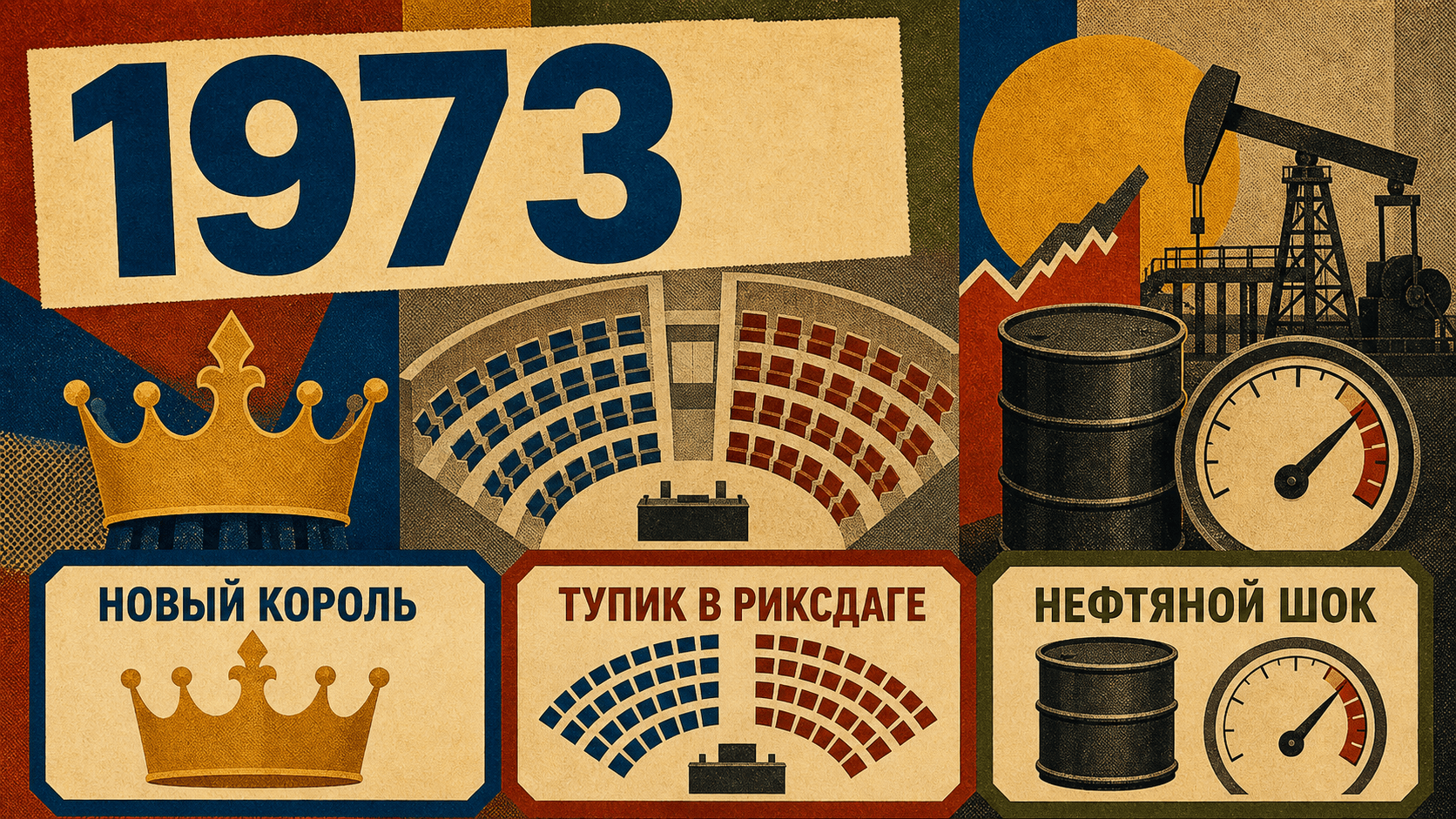 Инфографика о Швеции 1973 года с символами нового короля, тупика в риксдаге и нефтяного шока.