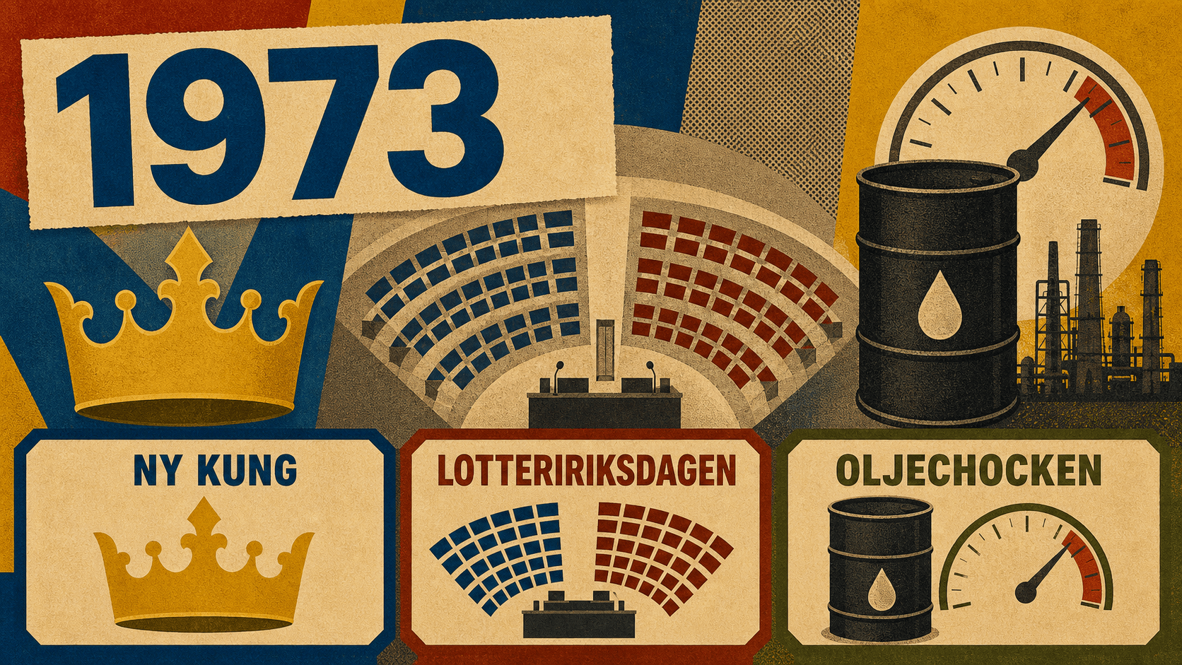 Infografik för Sverige 1973 med symboler för ny kung, lotteririksdagen och oljechocken.